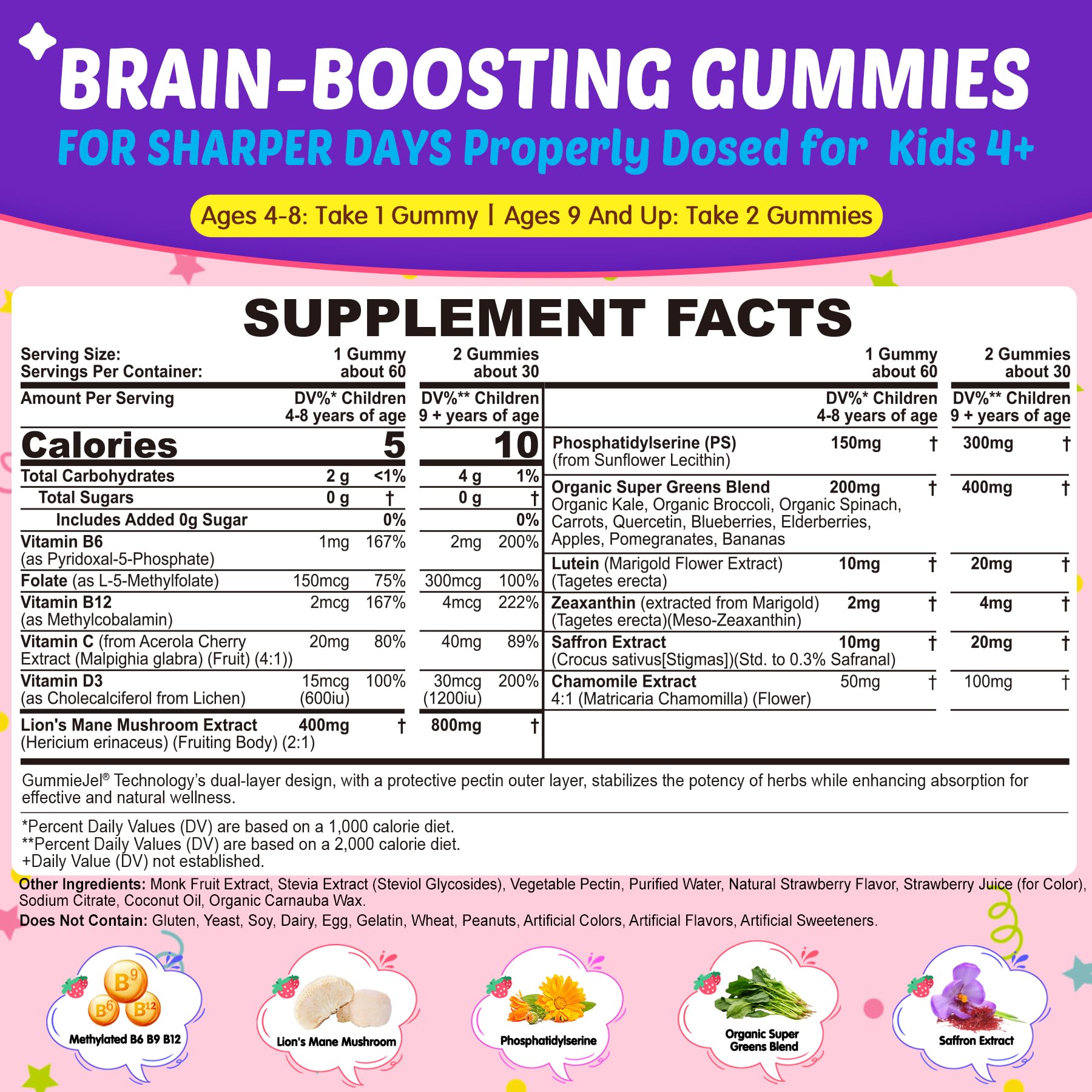 Kids Brain Gummies with Lion's Mane Mushroom, Methyl B6, B9, B12, Supper Greens, Lutein, Brain Booster Supplement for Focus & Attention, Cognitive Function, Vision & Energy, Sugar Free, Vegan 2 Pack Nextdia uk supplements