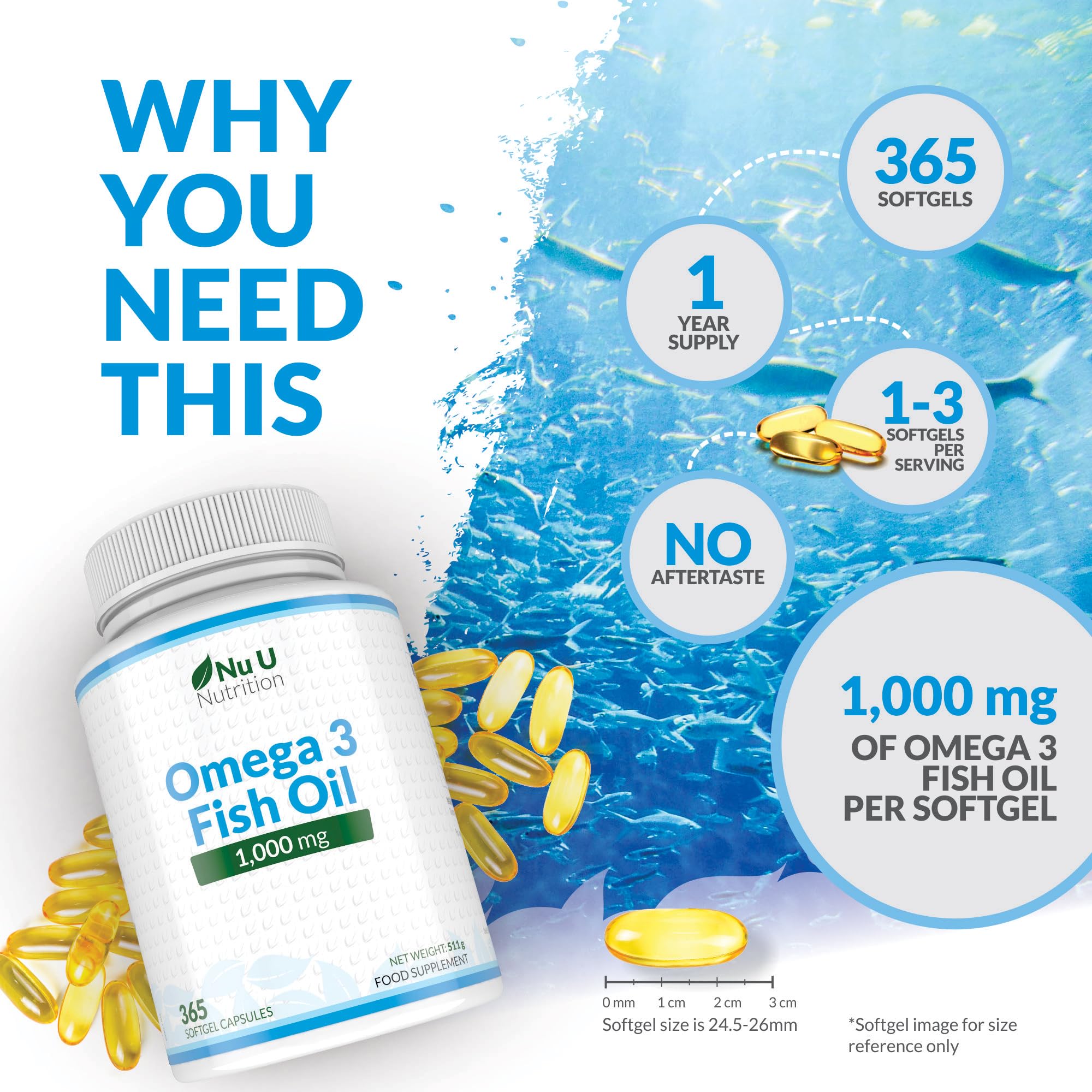 Omega 3 Fish Oil 1000mg - 365 Softgel Capsules - Up to 12 Month’s Supply - Pure Fish Oil Nu U Nutrition uk supplements