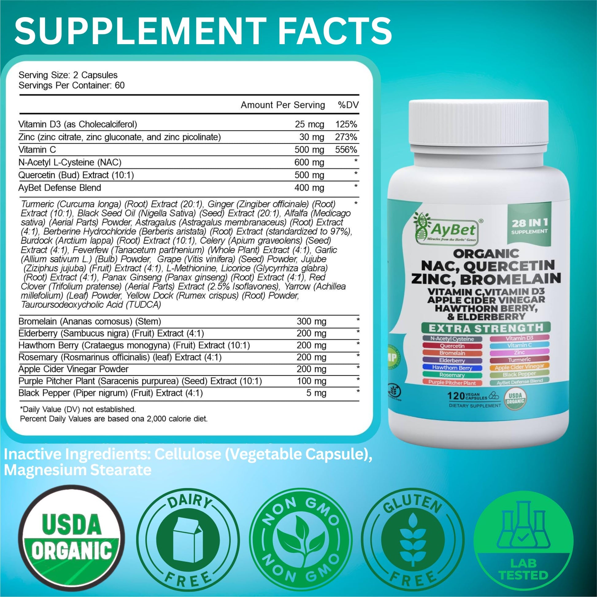 NAC-n-acetyl cysteine- Quercetin Zinc Bromelain Supplement | Extra Strength with Vit C, D3, Apple Cider Vinegar, Elderberry, Hawthorn Berry, Turmeric | Immune Support|120 Vegan Capsules | USDA Organic AyBet uk supplements