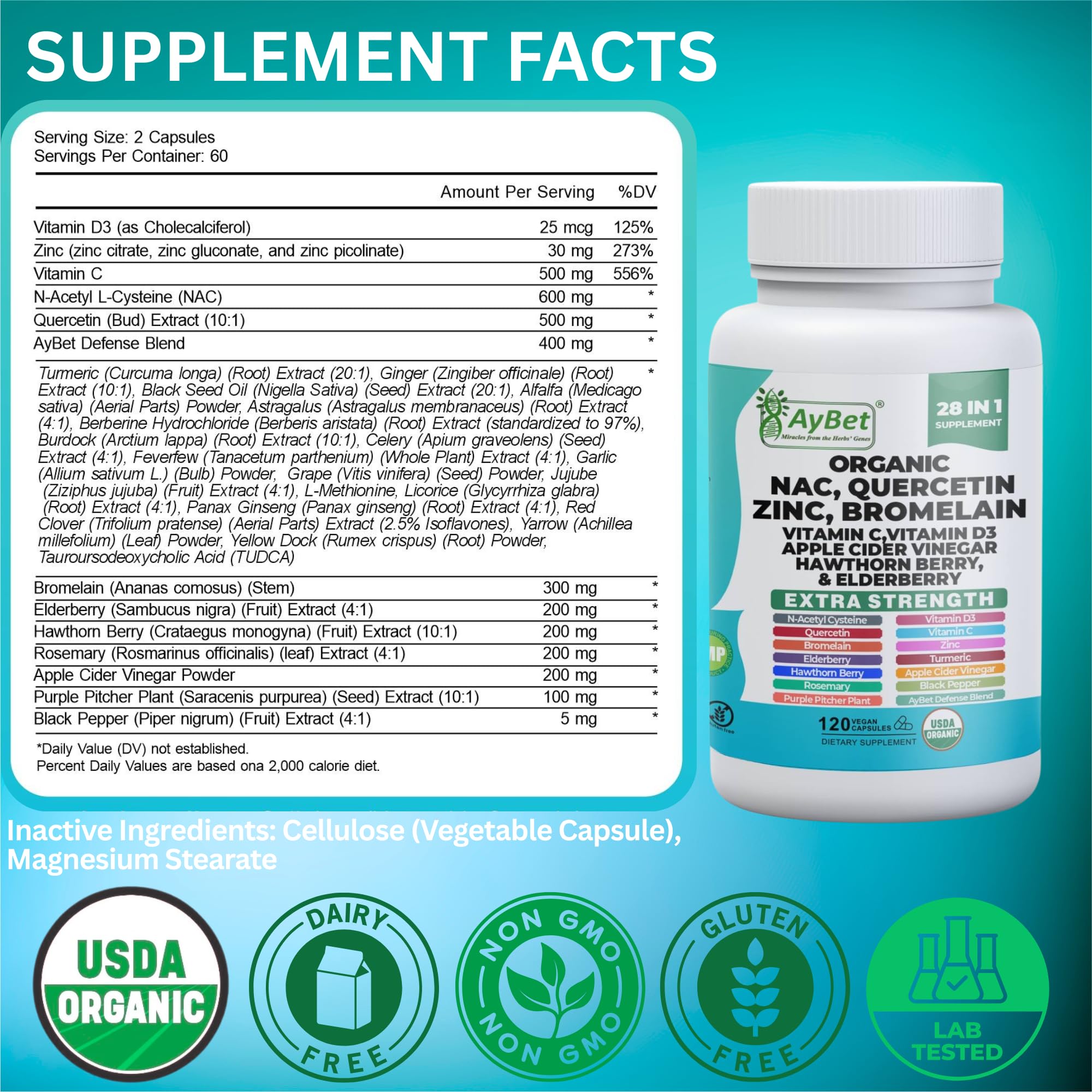 NAC-n-acetyl cysteine- Quercetin Zinc Bromelain Supplement | Extra Strength with Vit C, D3, Apple Cider Vinegar, Elderberry, Hawthorn Berry, Turmeric | Immune Support|120 Vegan Capsules | USDA Organic AyBet uk supplements