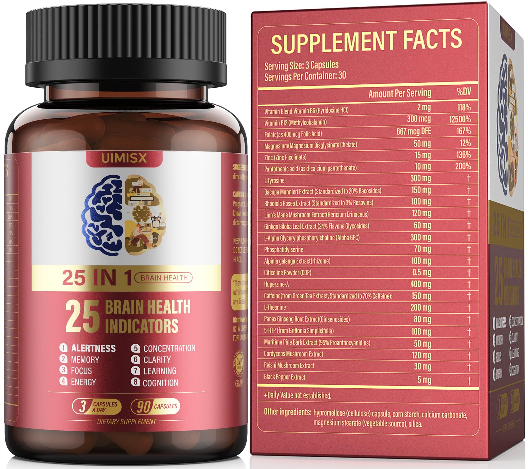 UIMISX Brain Supplement for Mental Alertness, Memory, Focus & Energy, Alpha GPC, Huperzine-A, L-Tyrosine, Phosphatidylserine, Vitamins B6 B12, High Absorption, 90 Capsules UIMISX uk supplements