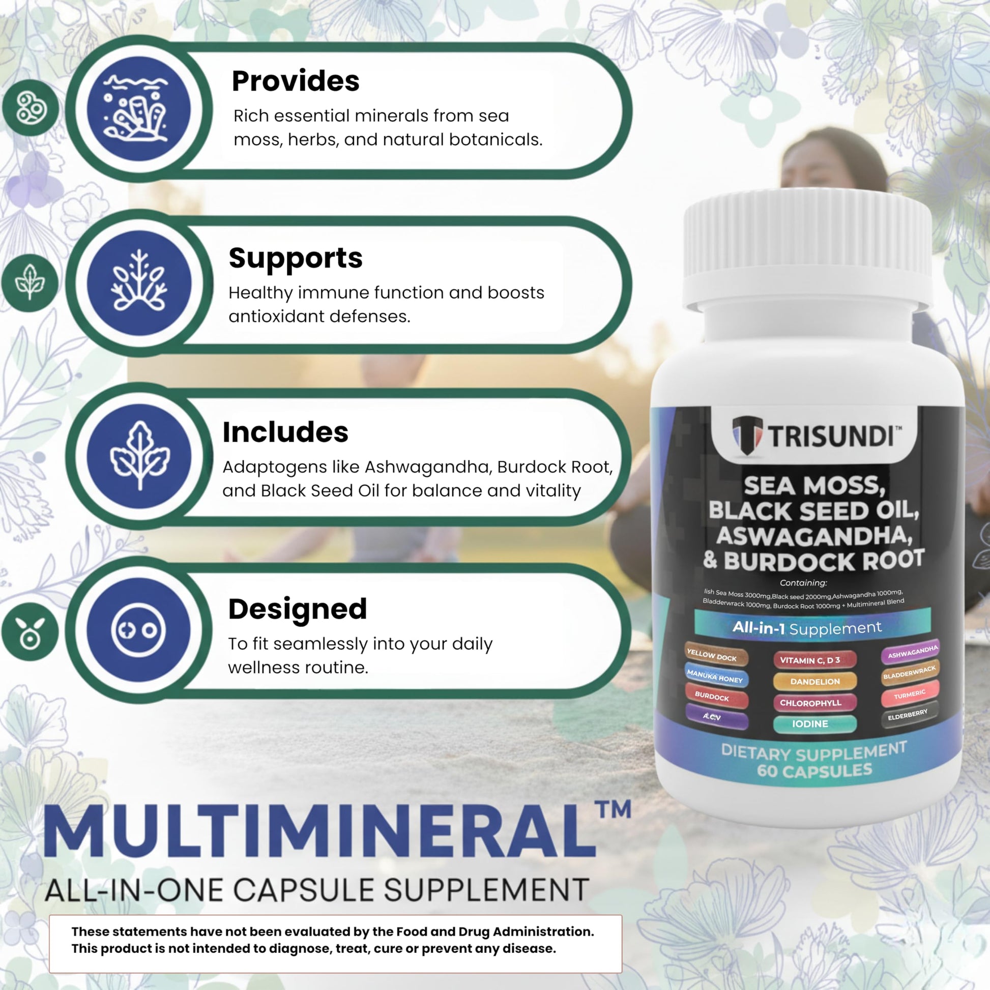 Trisundi Sea Moss Complex with Black Seed Oil, Ashwagandha & Burdock Root – All-in-One Herbal Supplement with Vitamins & Minerals – 60 Capsules Trisundi uk supplements
