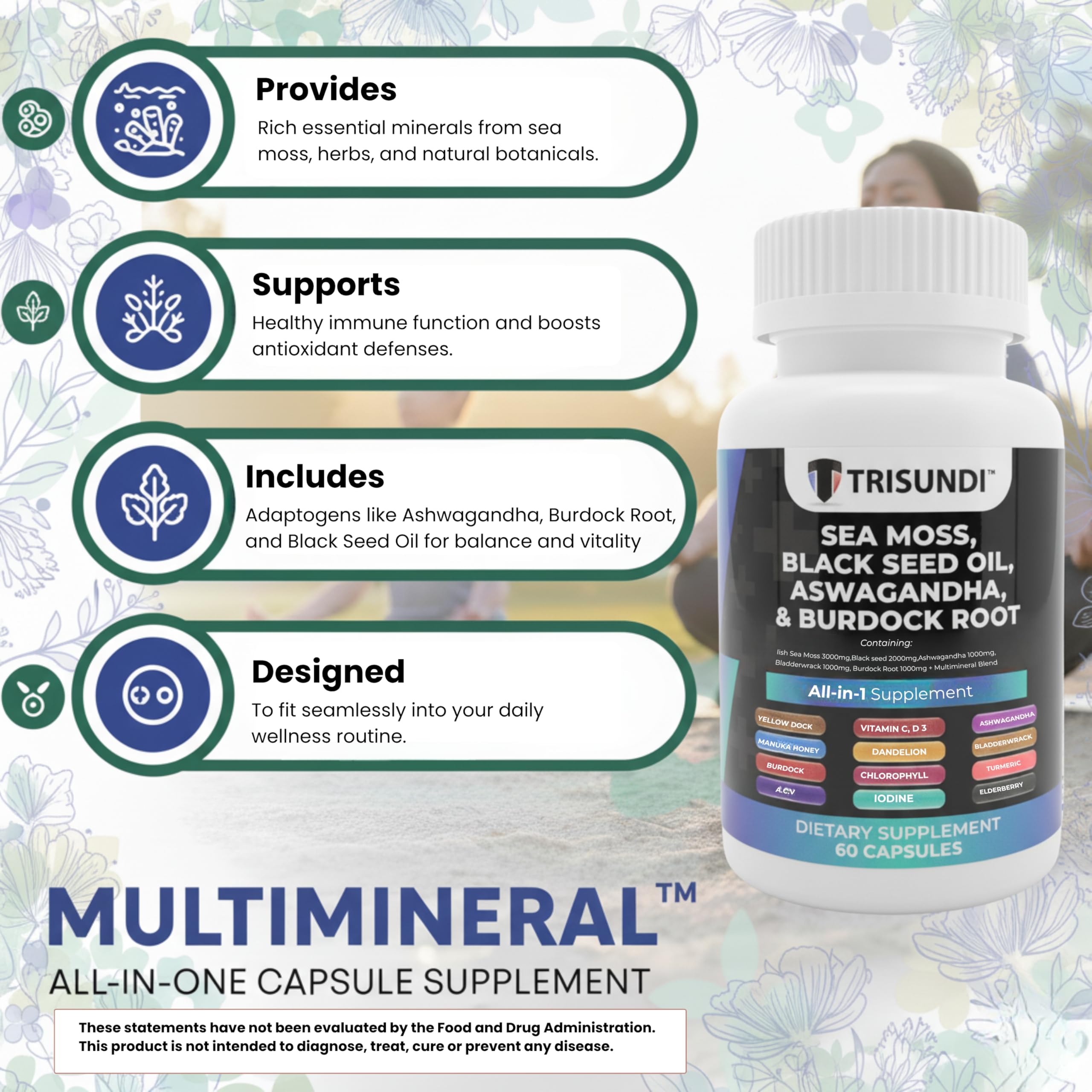 Trisundi Sea Moss Complex with Black Seed Oil, Ashwagandha & Burdock Root – All-in-One Herbal Supplement with Vitamins & Minerals – 60 Capsules Trisundi uk supplements