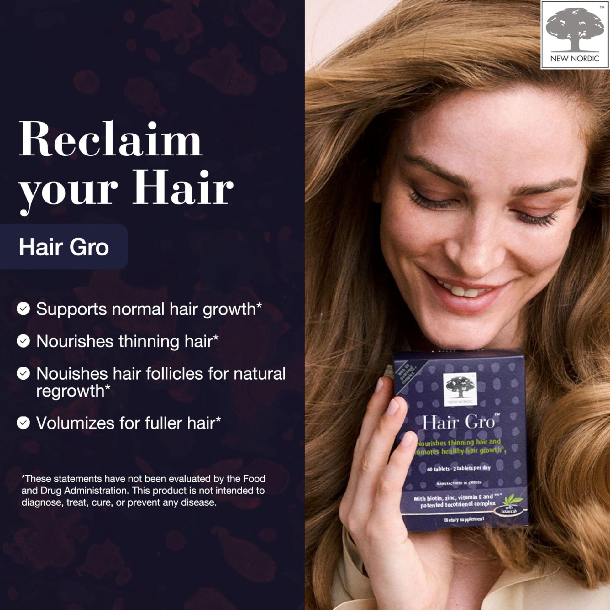NEW NORDIC Hair GRO, Hair Growth Supplement, Biotin & Palm Fruit Extract Tocotrienols for Natural Regrowth, 60 Count (Pack of 3) NEW NORDIC uk supplements