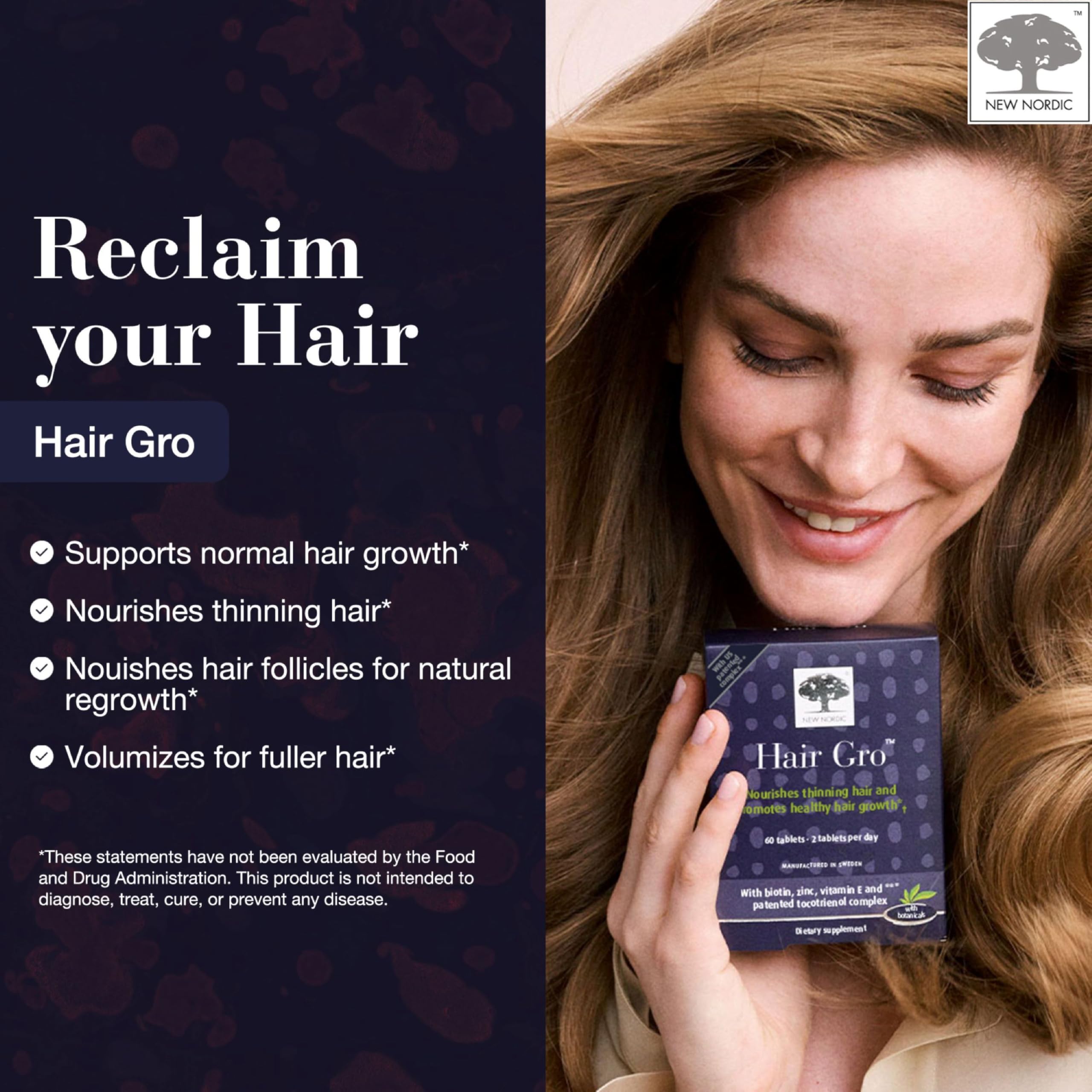 NEW NORDIC Hair GRO, Hair Growth Supplement, Biotin & Palm Fruit Extract Tocotrienols for Natural Regrowth, 60 Count (Pack of 3) NEW NORDIC uk supplements