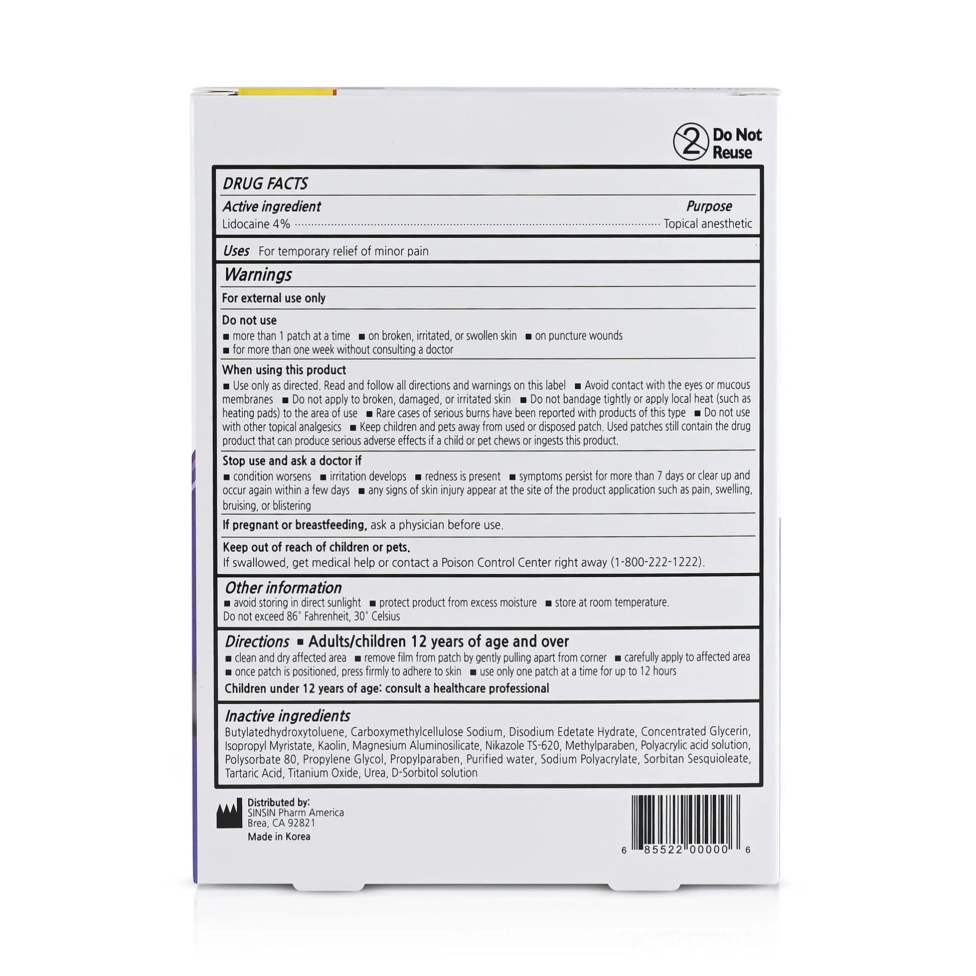 SINSINPAS Lidocaine 4% Pain Relieving Patch (1 Pack (5 Patches Total)) SINSINPAS uk supplements