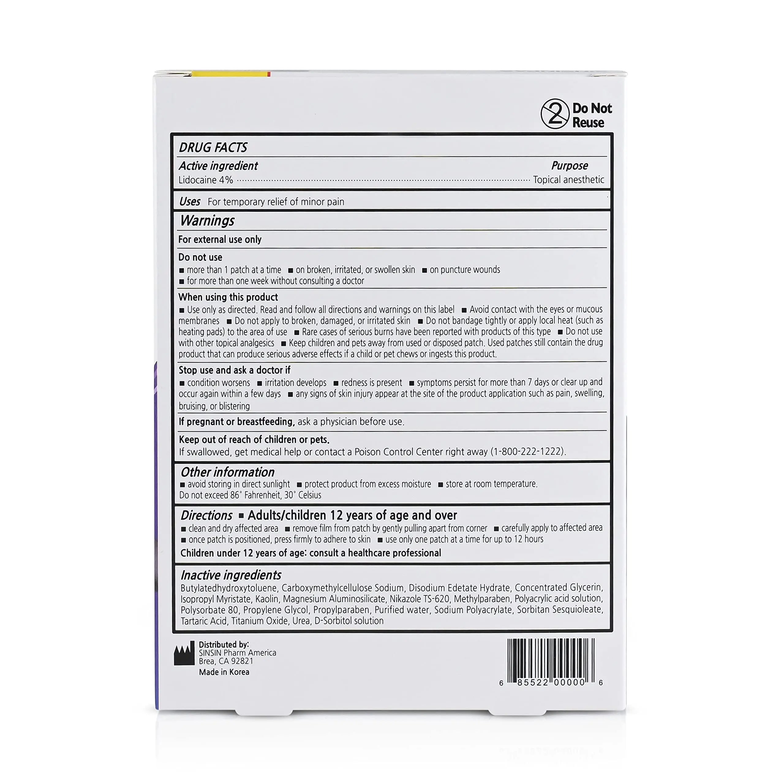 SINSINPAS Lidocaine 4% Pain Relieving Patch (1 Pack (5 Patches Total)) SINSINPAS uk supplements