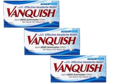 Vanquish Effective Headache Relief – Aspirin (NSAID), Acetaminophen, Caffeine, 100 Analgesic Coated Caplets - 3 Pack Vanquish uk supplements