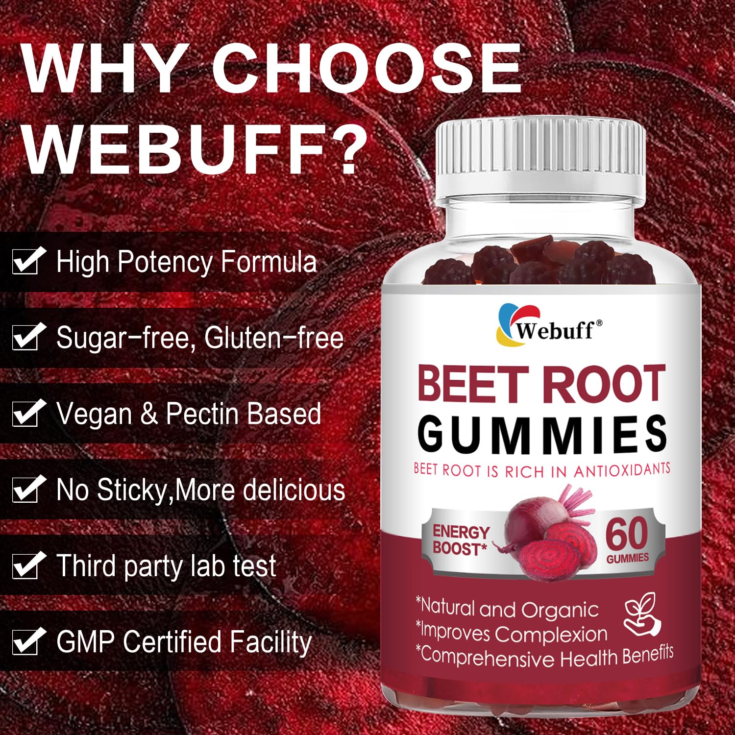Webuff Beet Root Gummies - Nitric Oxide Booster with Organic Beet, Pomegranate & Grape Seed, Vitamin B12 - Energy, Circulation & Heart Health Support, Vegan, Non-GMO, 60 Count (Pack of 1) Webuff uk supplements