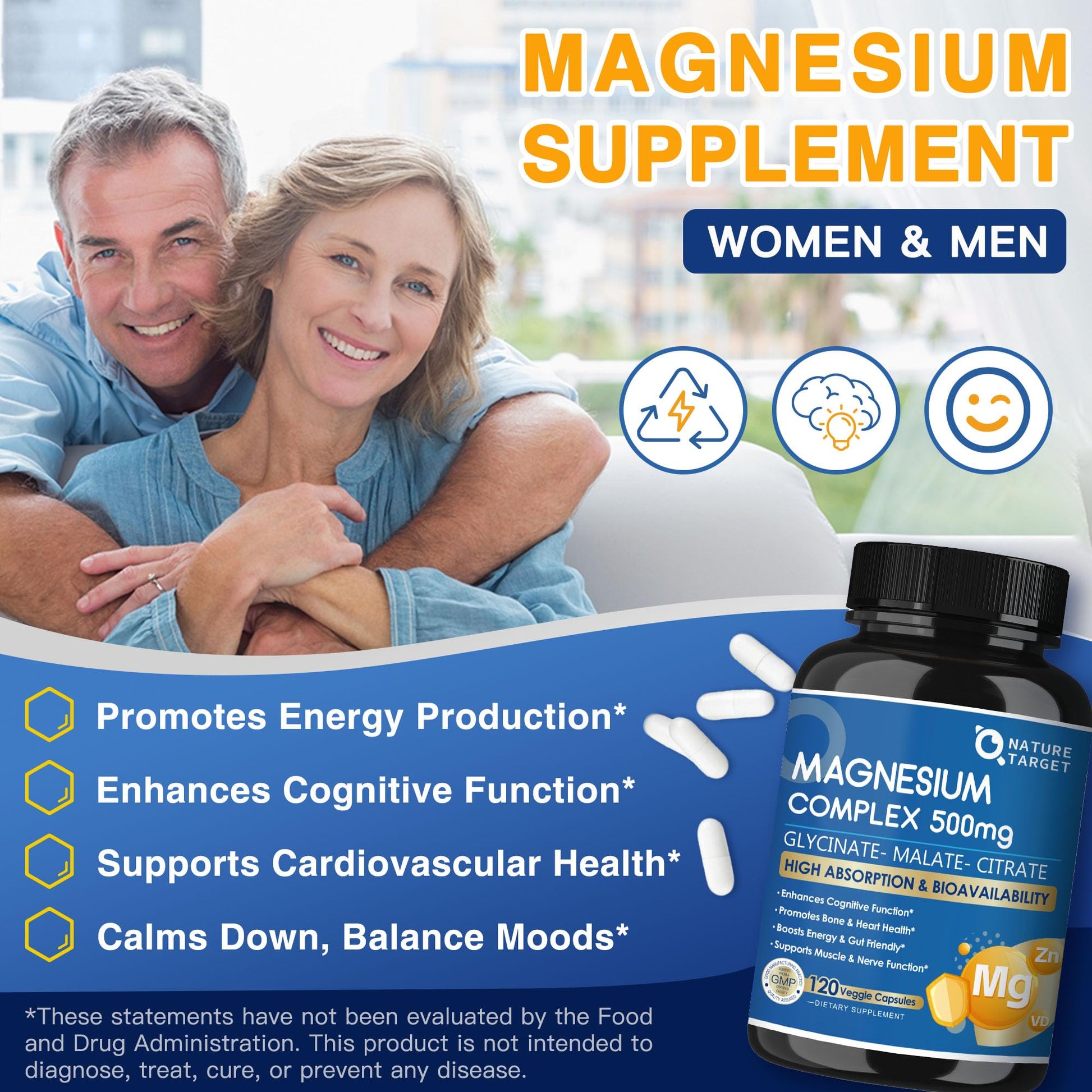 Magnesium Complex 500mg, Magnesium Glycinate, Malate & Citrate - High Absorption Chelated Triple Magnesium Supplement with Zinc, Vitamin D3 for Muscle, Nerve, Bone & Immune Support, Vegan 120 Capsules NATURE TARGET uk supplements