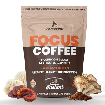 Focus Coffee Mushroom Blend, Nootropic Complex Coffee, Supports Alertness and Clarity, (Lion’s Mane, Cordyceps, Turkey Tail) Green Coffee Bean Instant Coffee for Focus & Gut Health, 30 Servings Rapid Fire uk supplements