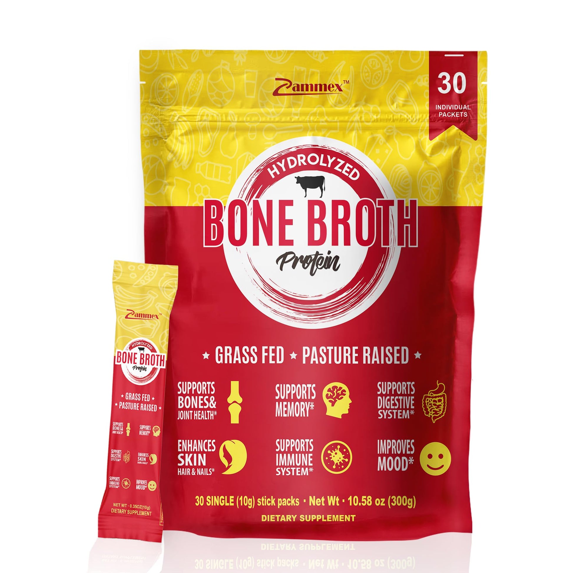 Zammex Bone Broth Packets-20g Collagen Protein-Beef Bone Broth Powder to Go-30 Travel Zammex uk supplements