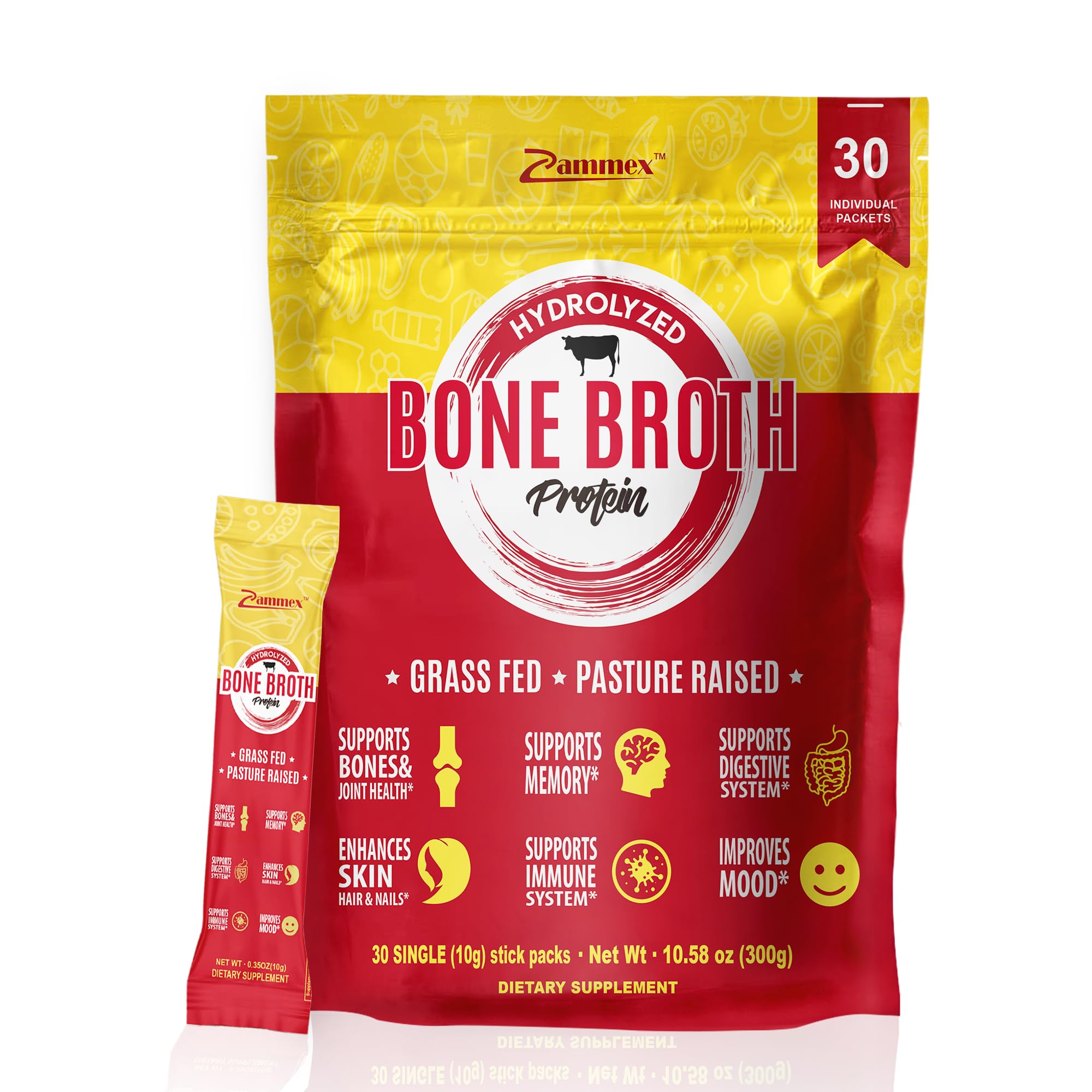 Zammex Bone Broth Packets-20g Collagen Protein-Beef Bone Broth Powder to Go-30 Travel Zammex uk supplements