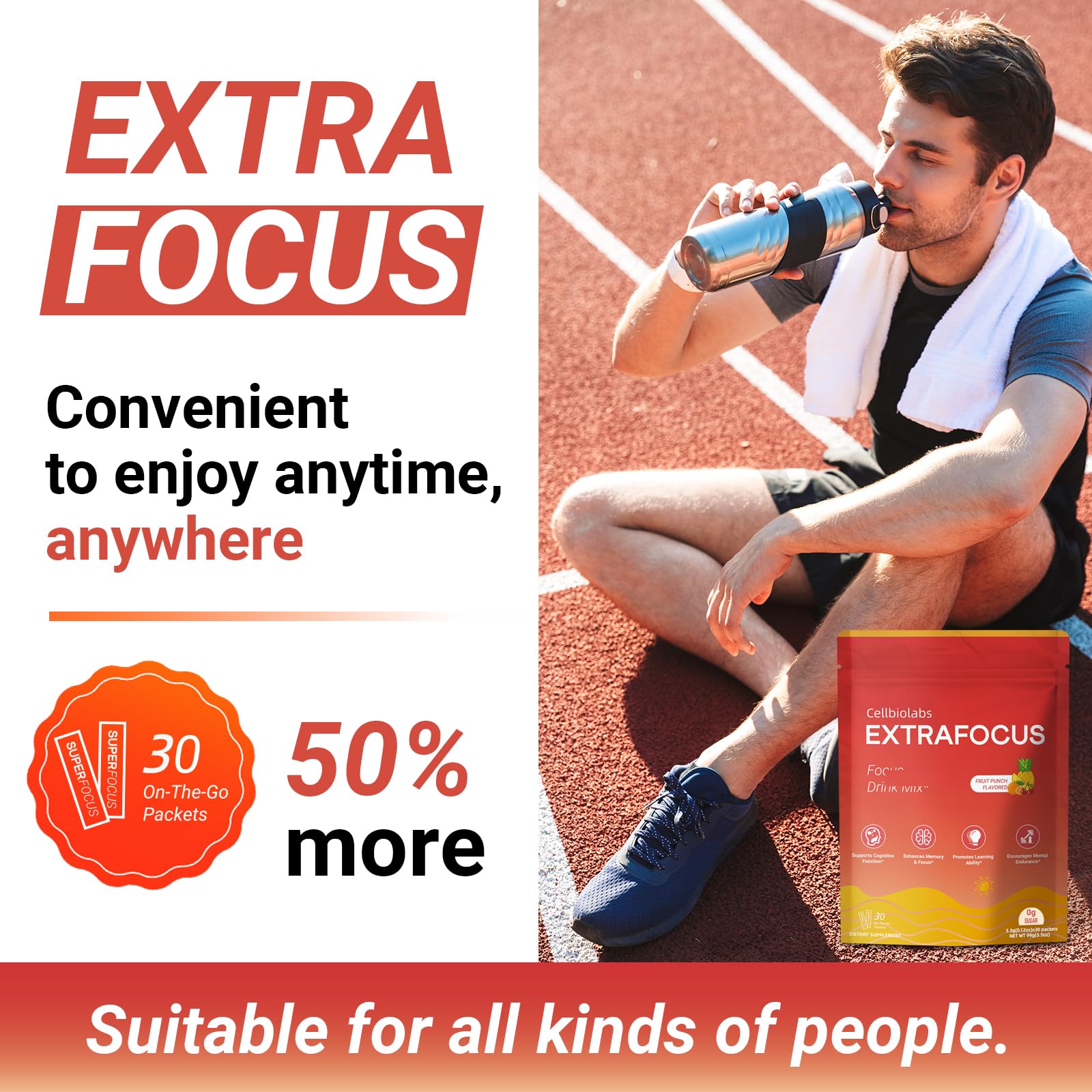 Nootropic Extra Focus Drink Mix, 30 Packs On-The-Go Sticks, Featuring Alpha-GPC, Lion's Mane & Rhodiola, Sugar-Free Packets Fruit Punch Clean Drink Mix Cellbiolabs uk supplements