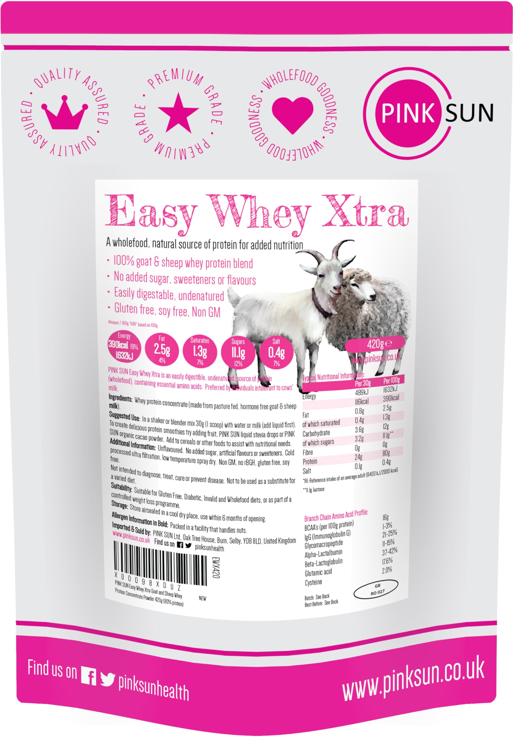 PINK SUN Goat Sheep Whey Protein Powder 420g (80% Protein) Pure Unflavoured Concentrate PINK SUN uk supplements