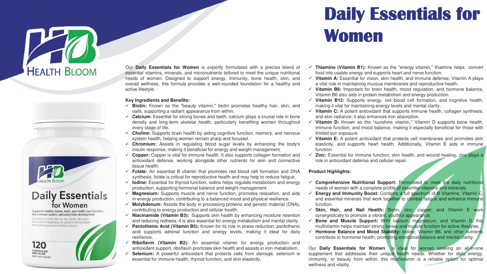 Daily Essentials for Women| 120 Capsules | Health Bloom | Vitamins and Minerals Capsules | Health Bloom Inc. uk supplements