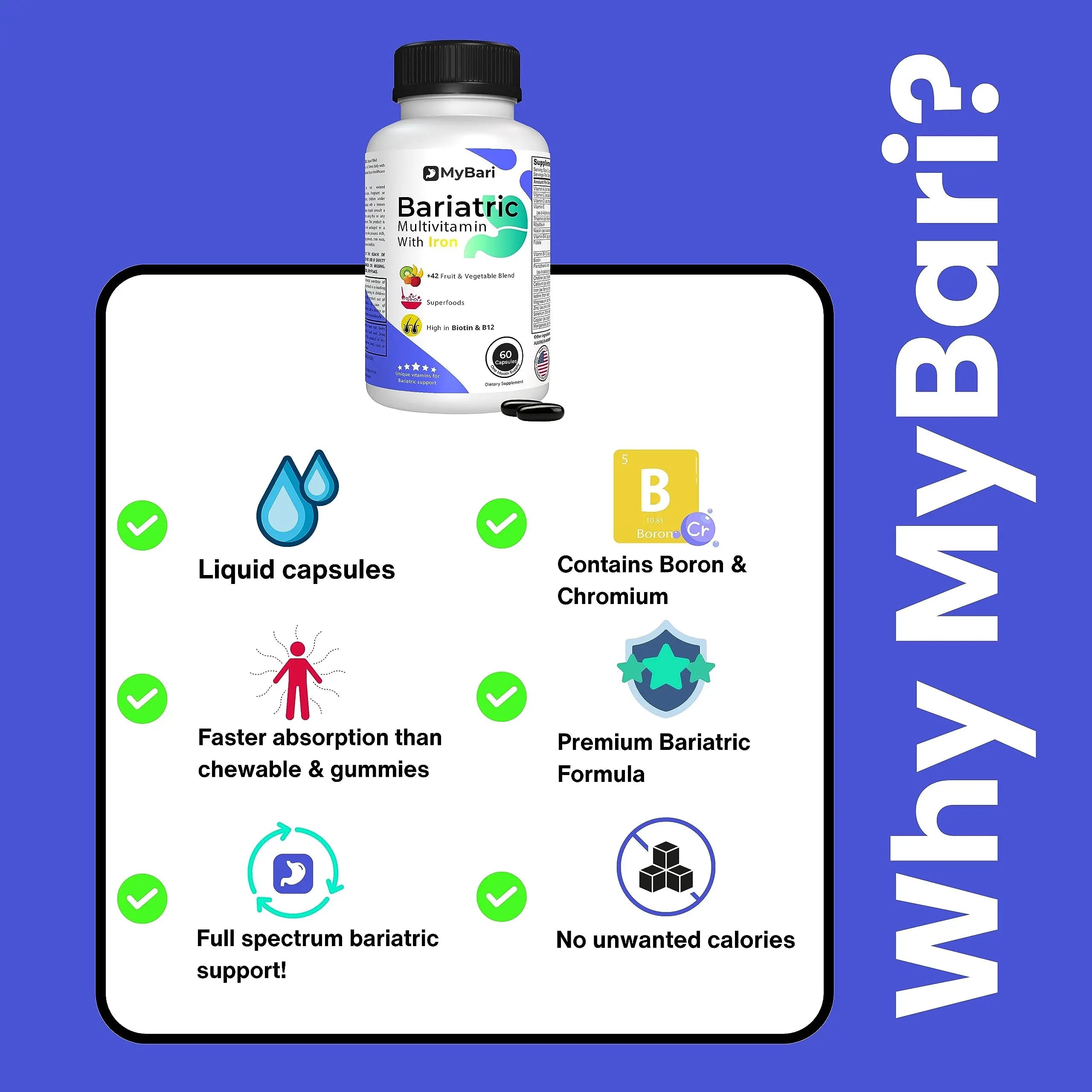 MyBari All-in-One Bariatric Multivitamin with Iron - Made in USA - for Men & Women - Supports Gastric Sleeve & Bypass with 42+ Fruit & Veggie Blend - 60 Liquid Capsules MyBari uk supplements
