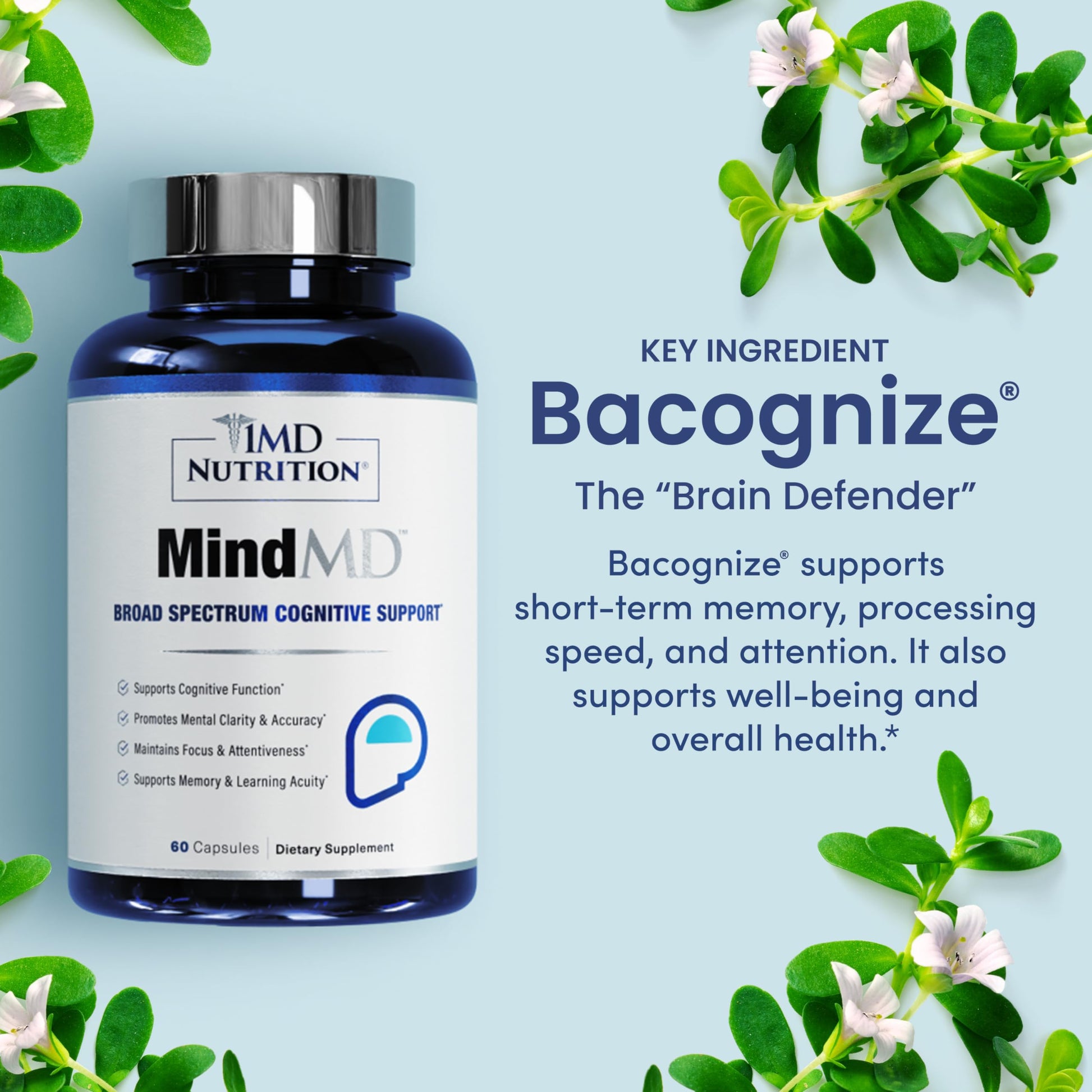 1MD Nutrition MindMD - Brain Supplement for Memory and Focus - Bacopa Monnieri for Nootropic Brain Support - Brain Health Supplement for Adults - with Vitamin B6 & Green Tea Extract - 60 Caps 1MD Nutrition uk supplements