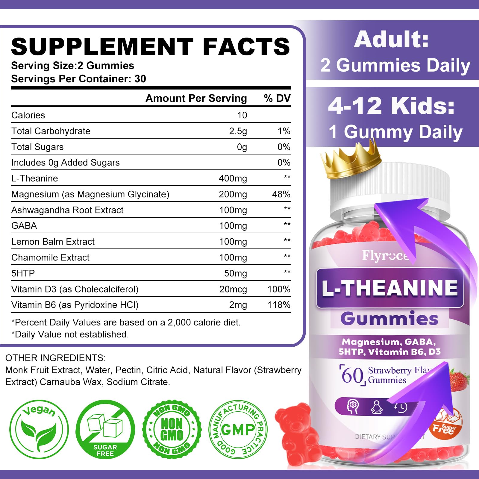 Flyrocer 2 Pack L-Theanine Gummies, L Theanine Supplement for Adults & Kids, L'Theanine with Ashwagandha, Magnesium, 5HTP & GABA - Support Calm, Relax, zzZ, Focus, Vegan Strawberry Flavor, 120 Count Flyrocer uk supplements