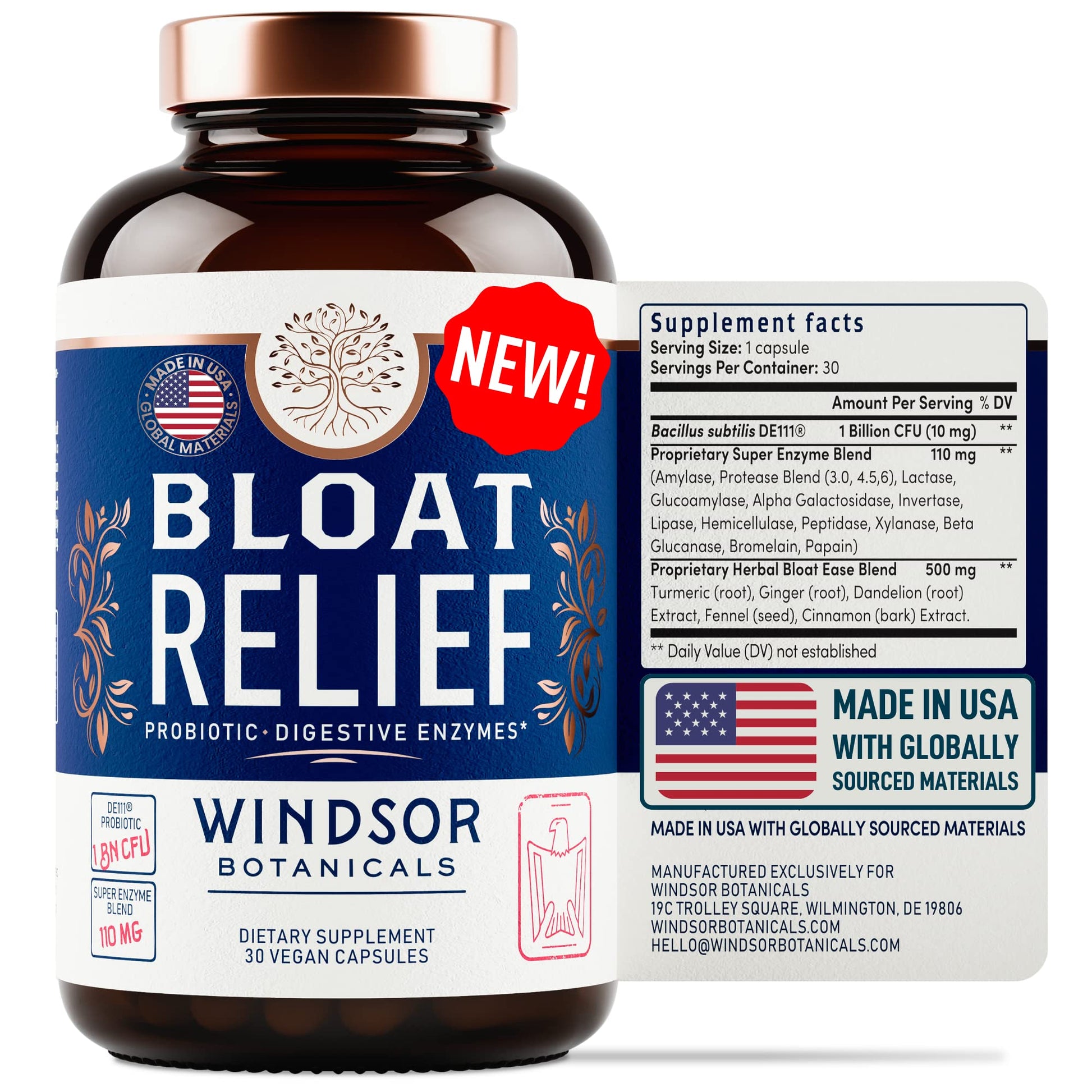 Bloat Relief Probiotic and Digestive Enzymes - Anti Bloating Turmeric, Fennel, Bromelain IBS Supplement - Detox Debloat Capsules Gas - Bloating Relief for Women and Men - 30 Gut Health Pills WINDSOR BOTANICALS uk supplements