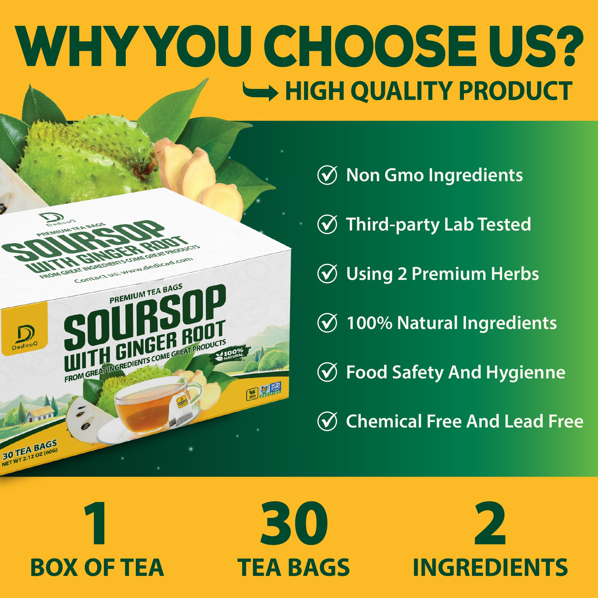 DEDICAD Soursop Leaves Tea Bags with Ginger, 30 Tea bags, 2gr/bag - Non-GMO/Caffeine free - Support Digestion, Well Skin, Immune System DEDICAD uk supplements
