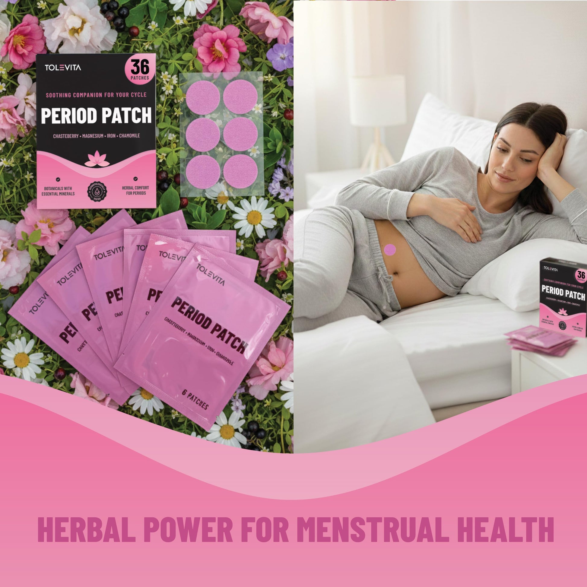 TOLEVITA Period Relief Patches 36 Pcs – Herbal Cramp Support with Chasteberry, Magnesium, Evening Primrose, Dong Quai, Curcumin, Vitamins B6 & E, Iron, Chamomile – Hormonal Balance & Menstrual Comfort TOLEVITA uk supplements