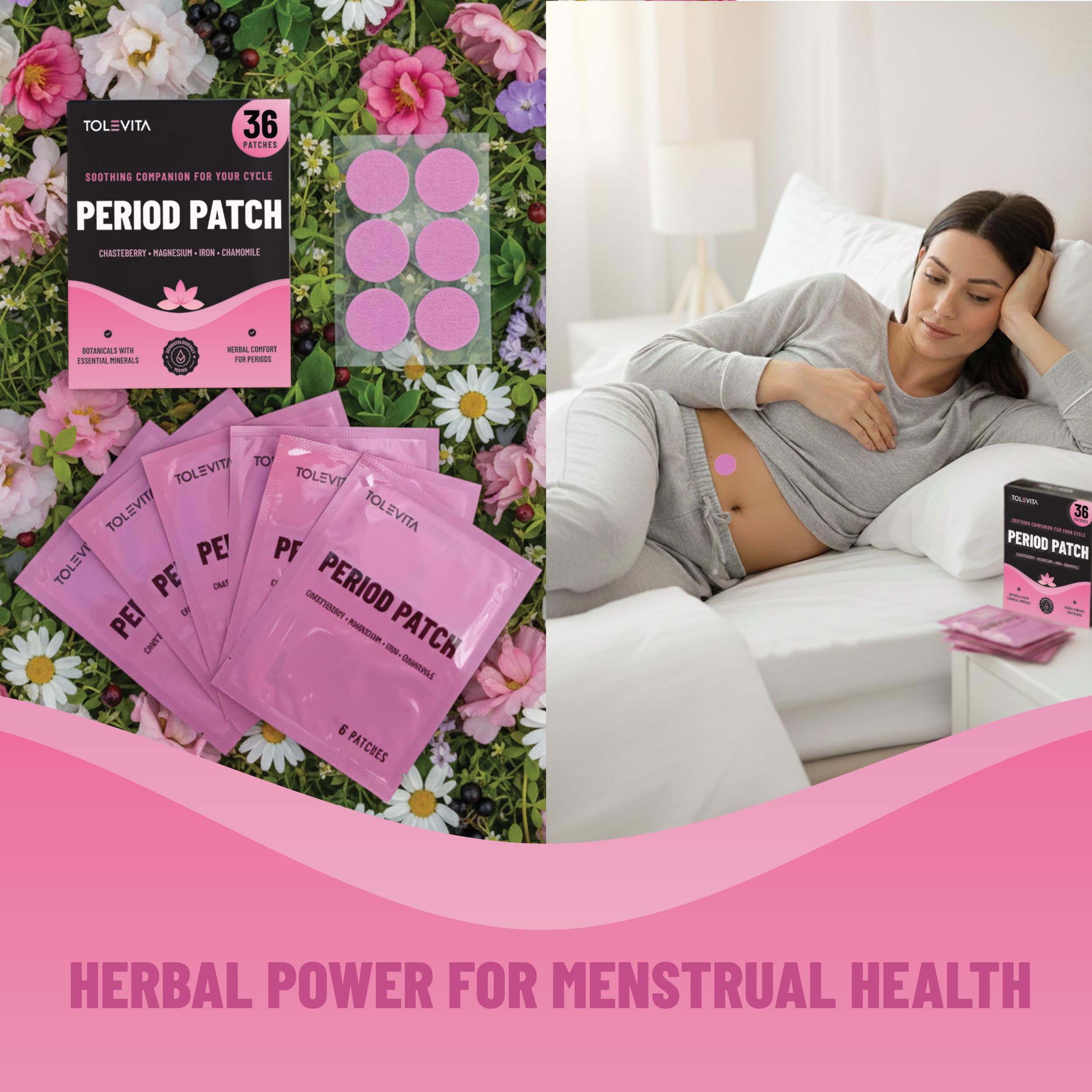 TOLEVITA Period Relief Patches 36 Pcs – Herbal Cramp Support with Chasteberry, Magnesium, Evening Primrose, Dong Quai, Curcumin, Vitamins B6 & E, Iron, Chamomile – Hormonal Balance & Menstrual Comfort TOLEVITA uk supplements