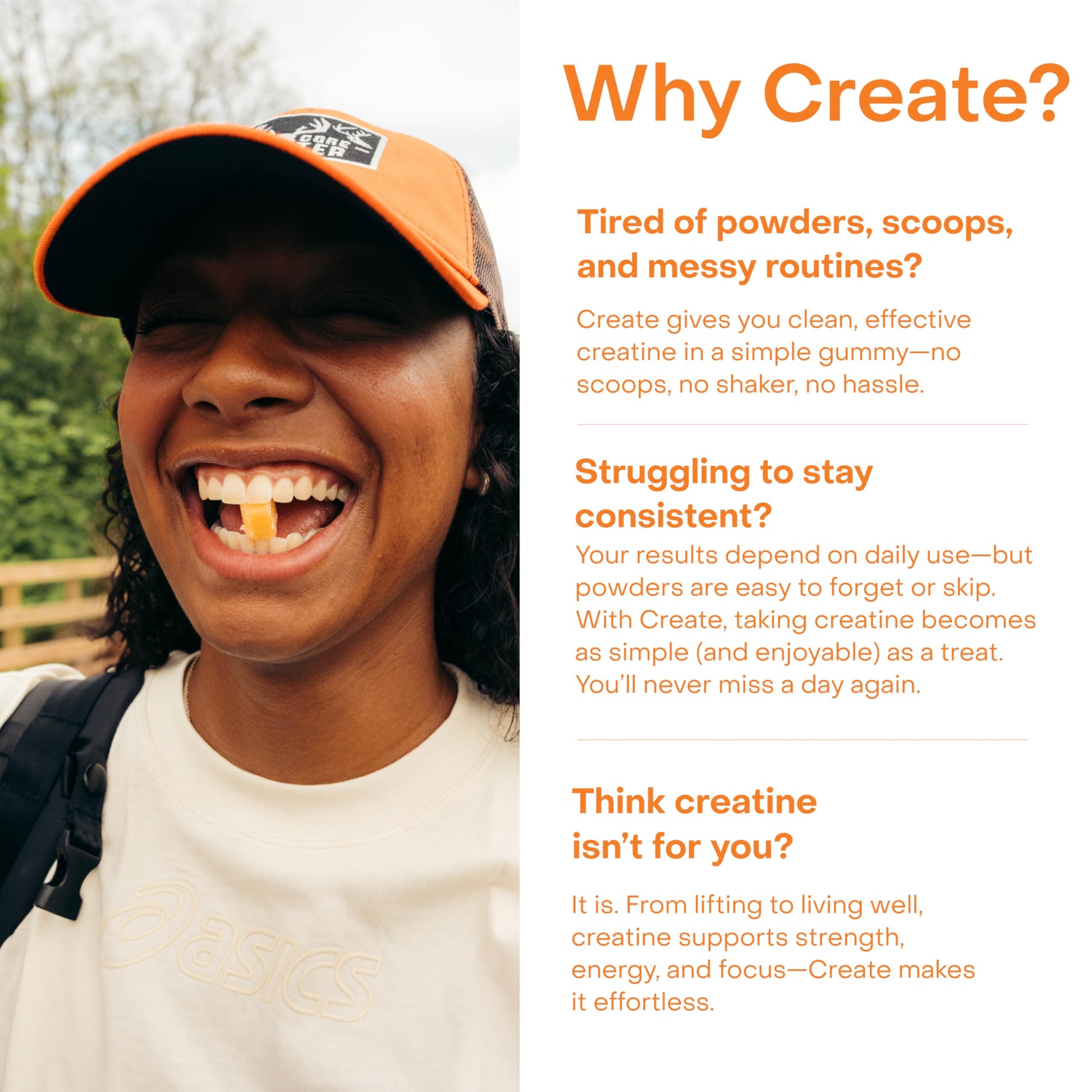 Create Creatine Monohydrate Gummies for Men & Women, Boost Focus, Strength, and Endurance, Anti-Melting Formula, Vegan, Gluten-Free, Non-GMO, 1.5g of Creatine per Gummy (Orange) Create uk supplements