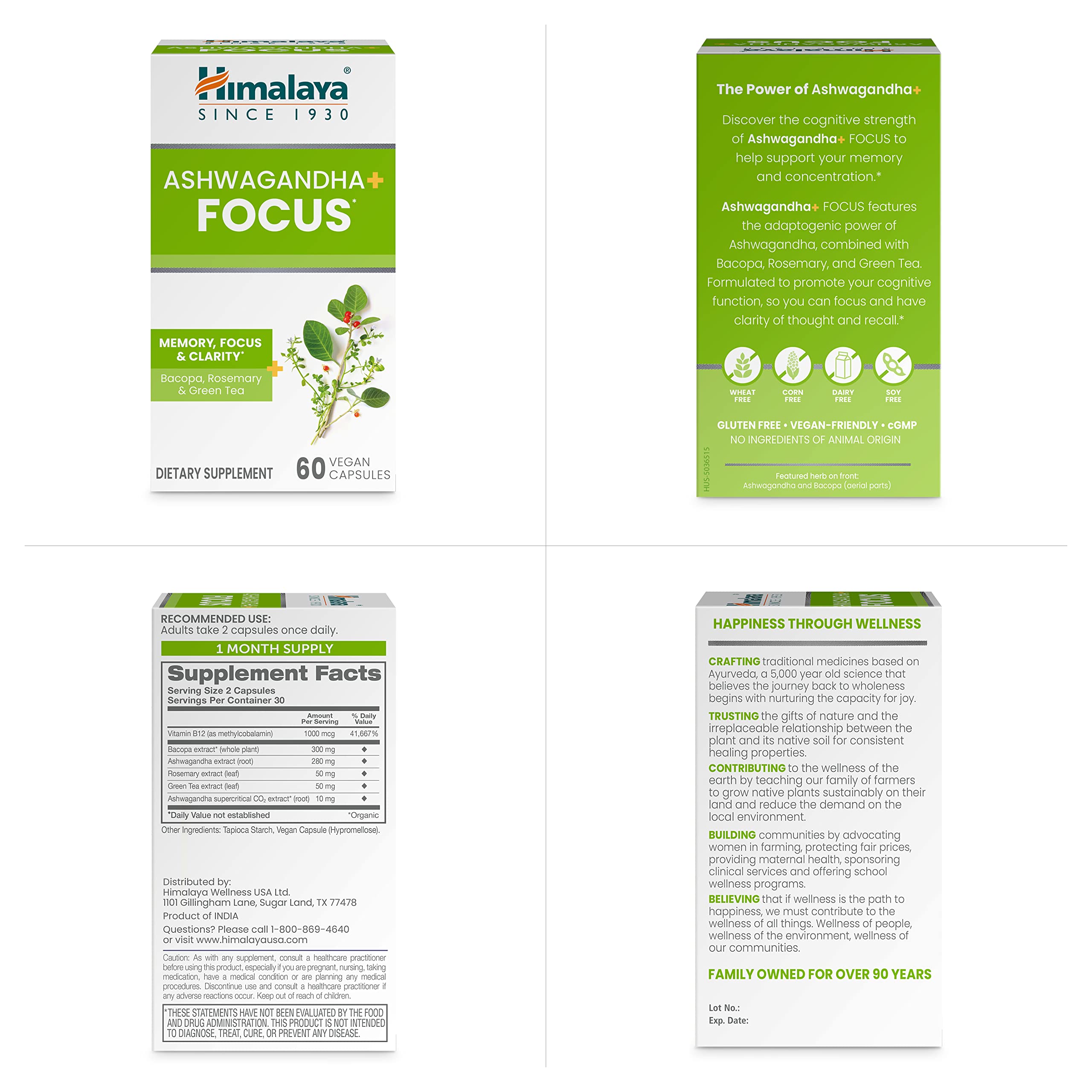 Himalaya Ashwagandha+ Focus - Herbal Focus Supplement with B12, Rosemary, Green Tea, and Bacopa Nootropics for Memory and Clarity - Vegan, Non-GMO, Gluten Free, 1690 mg, 60 Caplets Himalaya uk supplements