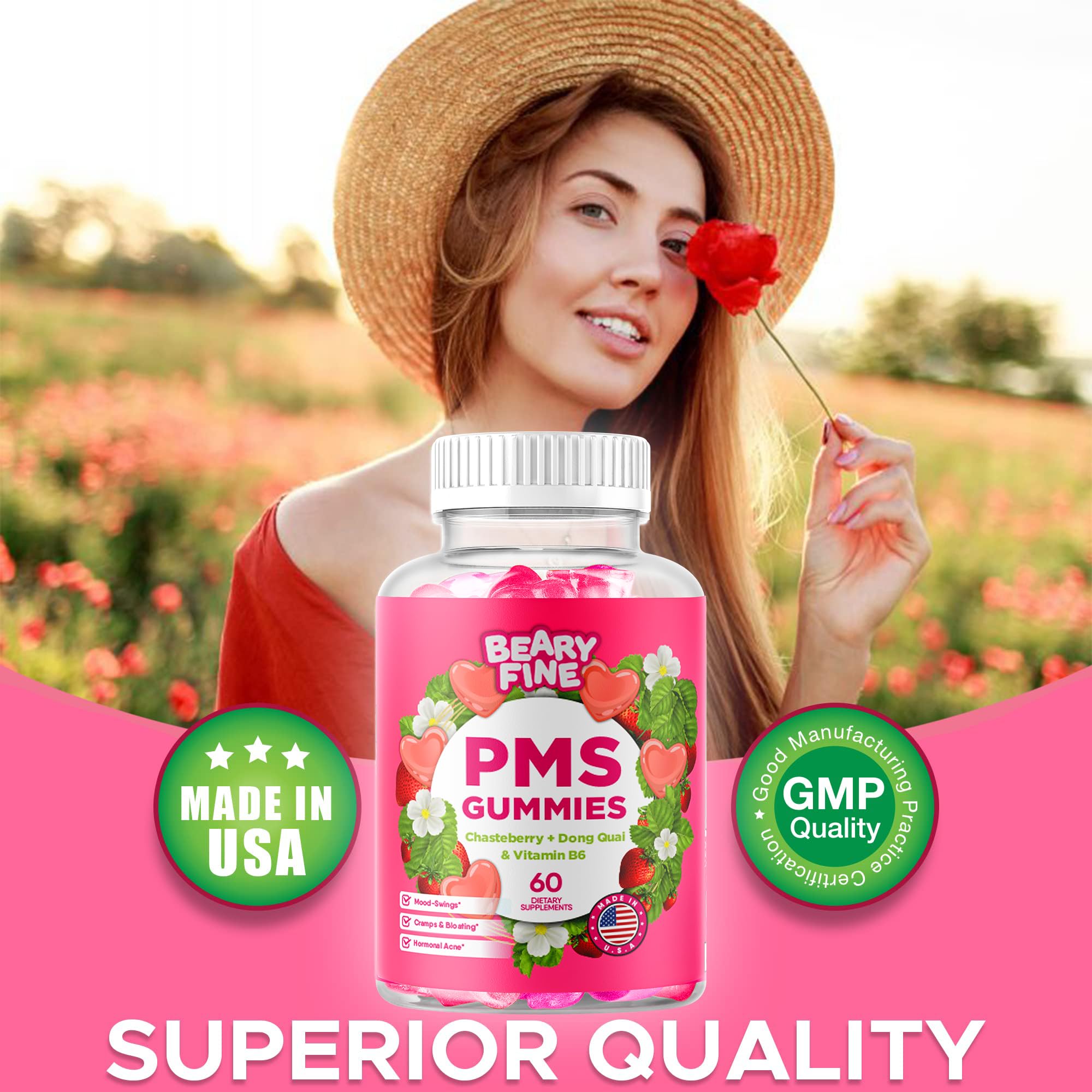 Beary Fine PMS Gummies - PMS Vitamins for Women & Teens - PMS Period Relief - Cramping, Bloating, Mood Swings - Made in The USA (Strawberry, 60 Count) Beary Fine uk supplements