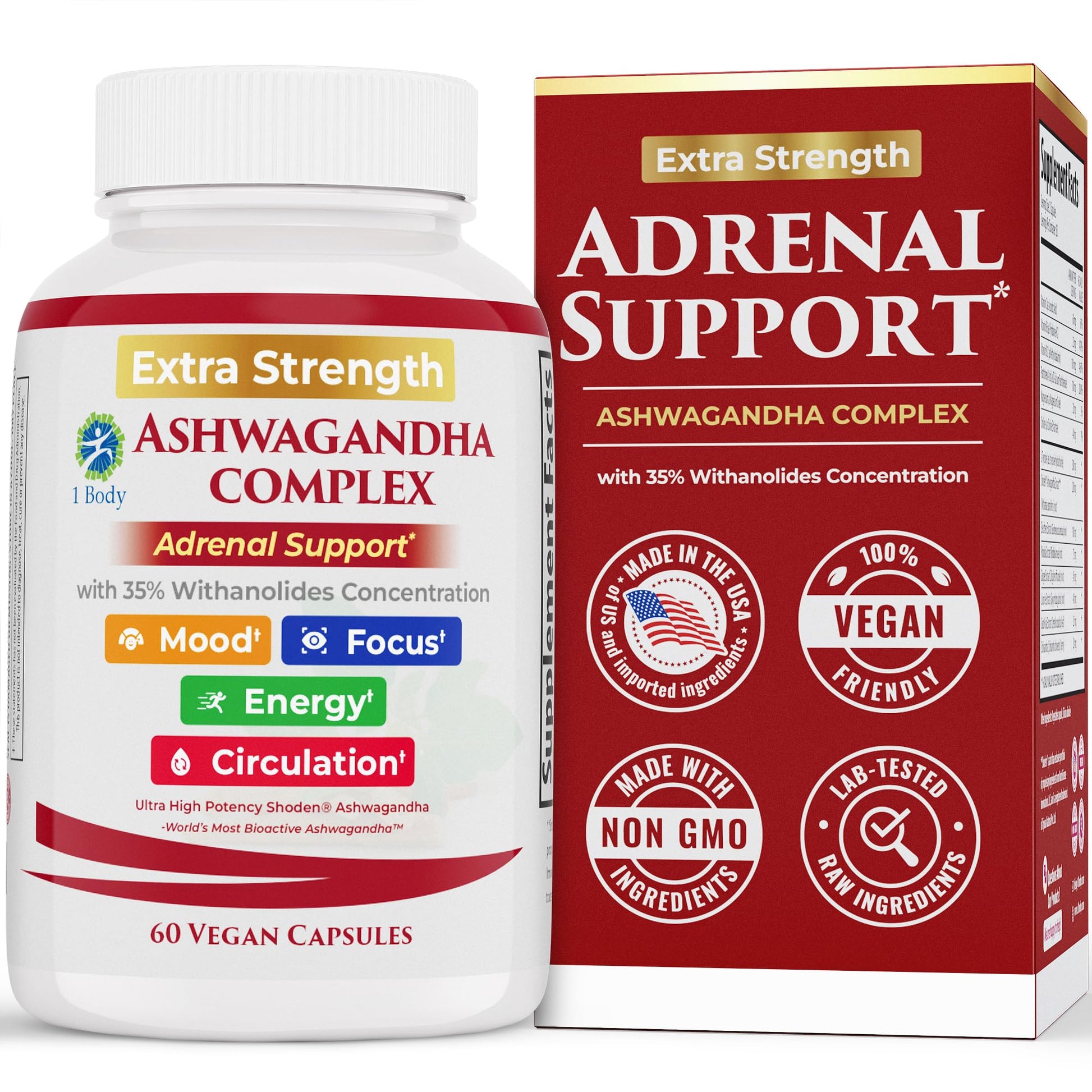 Ashwagandha Complex Adrenal Support Supplement for Stress Relief, Cortisol Balance, Energy & Focus, Mood Support, 35% Withanolides, 60 Vegan Capsules 1 Body uk supplements