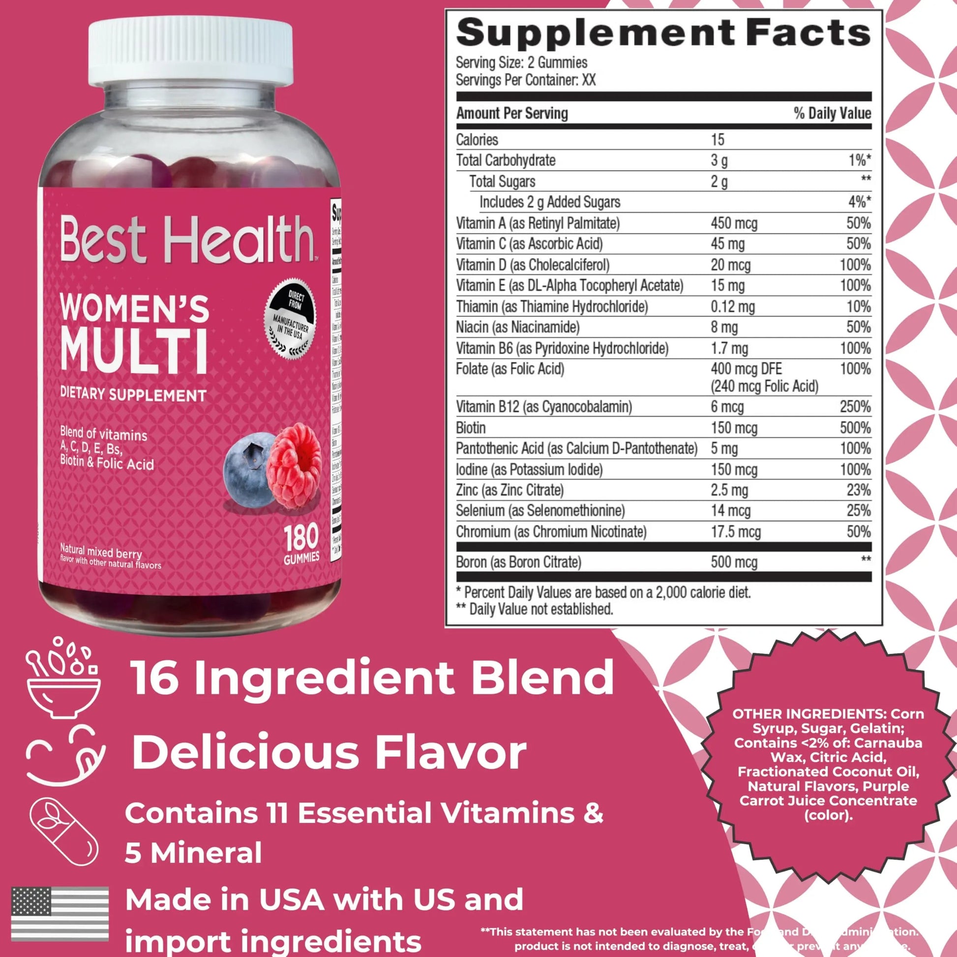Best Health Women’s Multivitamin Gummies, Multivitamin for Women with Biotin, Folic Acid, Vitamins A,C,D,E,Natural Mixed Berry Flavor (180ct) Best Health uk supplements