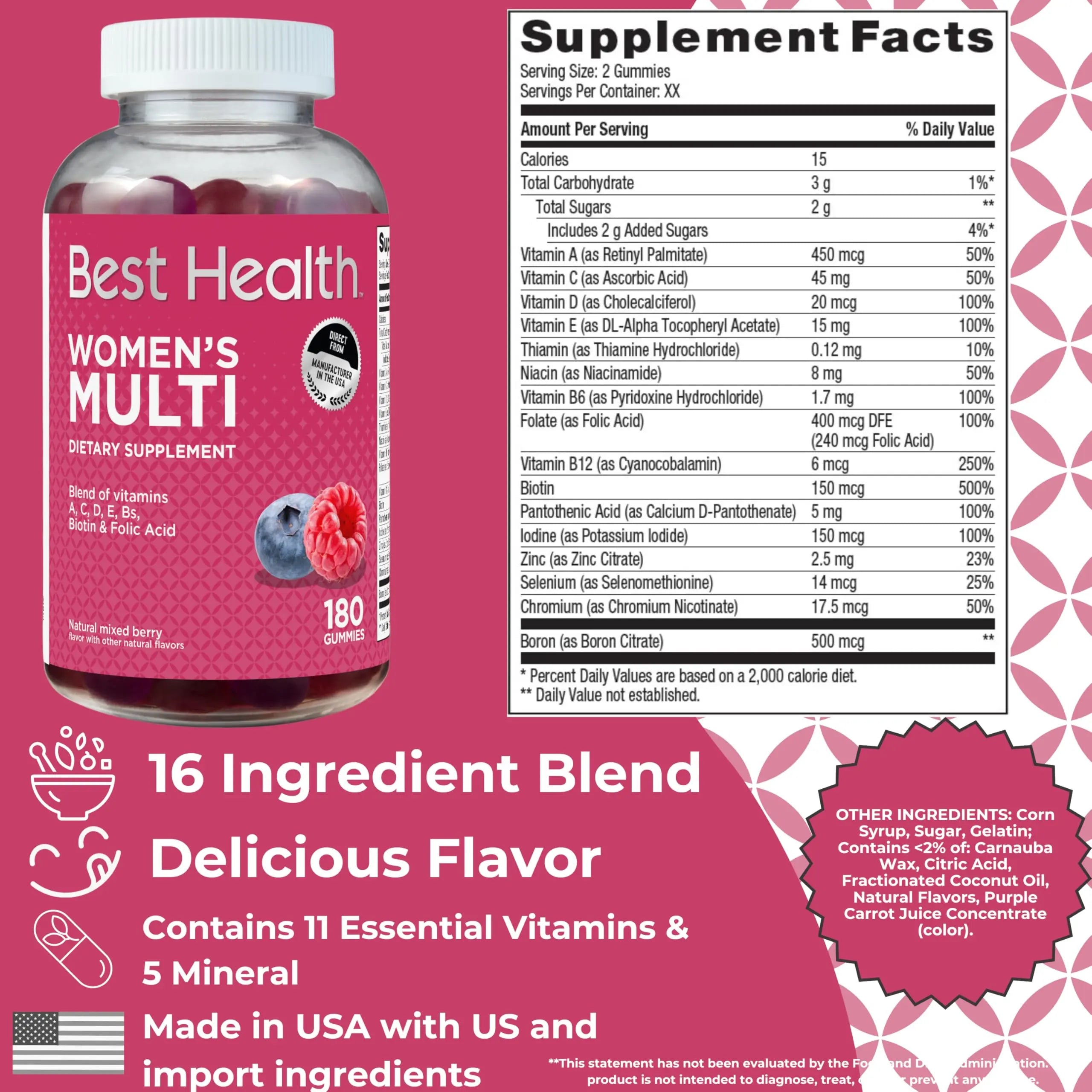 Best Health Women’s Multivitamin Gummies, Multivitamin for Women with Biotin, Folic Acid, Vitamins A,C,D,E,Natural Mixed Berry Flavor (180ct) Best Health uk supplements