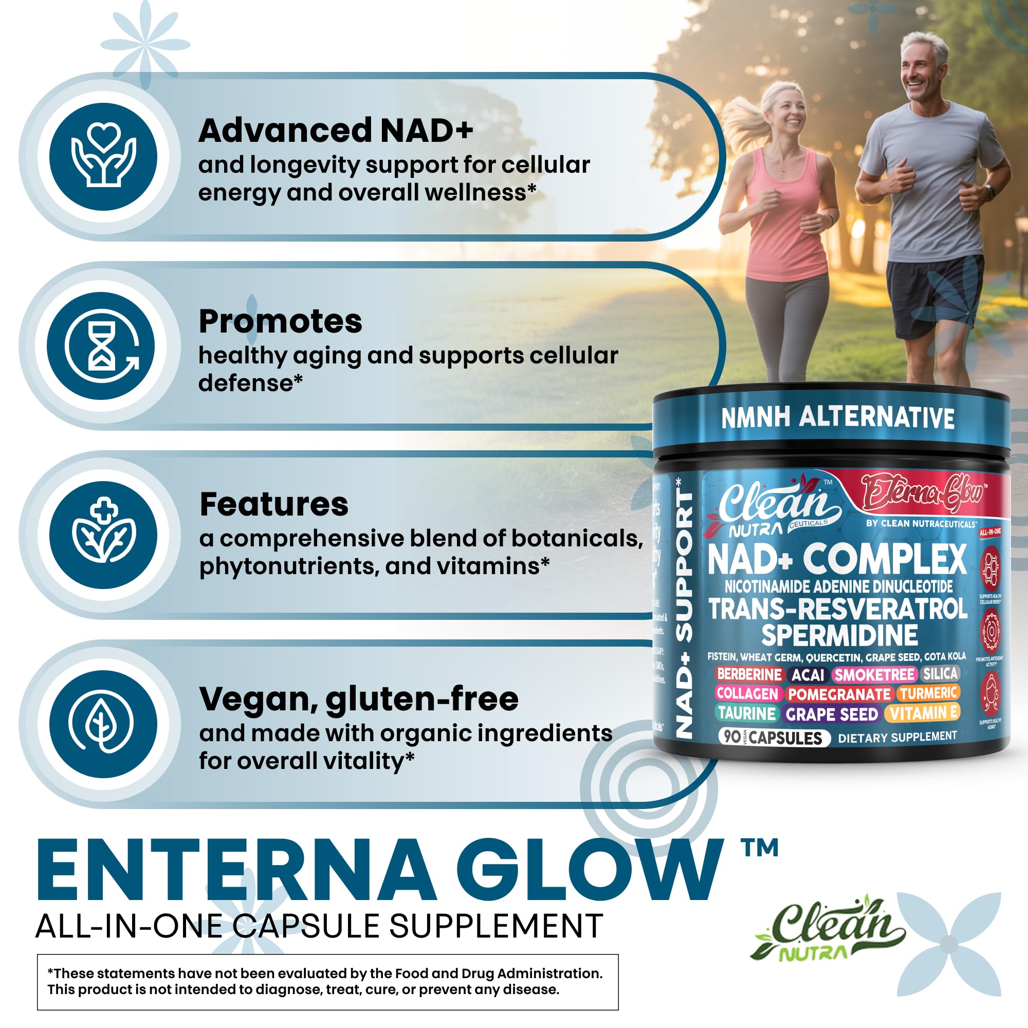 Clean NAD Supplement Resveratrol Liposomal NAD+ Spermidine Fisetin Wheat Germ Quercetin Grape Seed Extract Gotu Kola Berberine Astaxanthin Peptides for Women Energy 90 Capsules Clean Nutraceuticals uk supplements