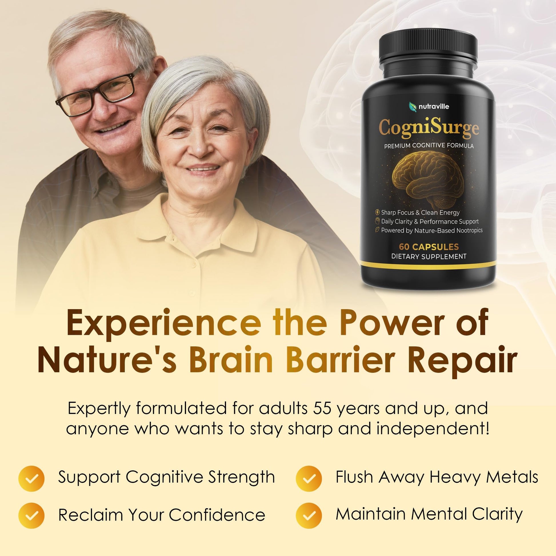 Nutraville CogniSurge Nootropics Brain Support Supplement for Memory and Focus - Nature-Powered Lion's Mane Supplement Capsules with Shilajit - No Caffeine or Stimulants - 30 Servings Nutraville uk supplements
