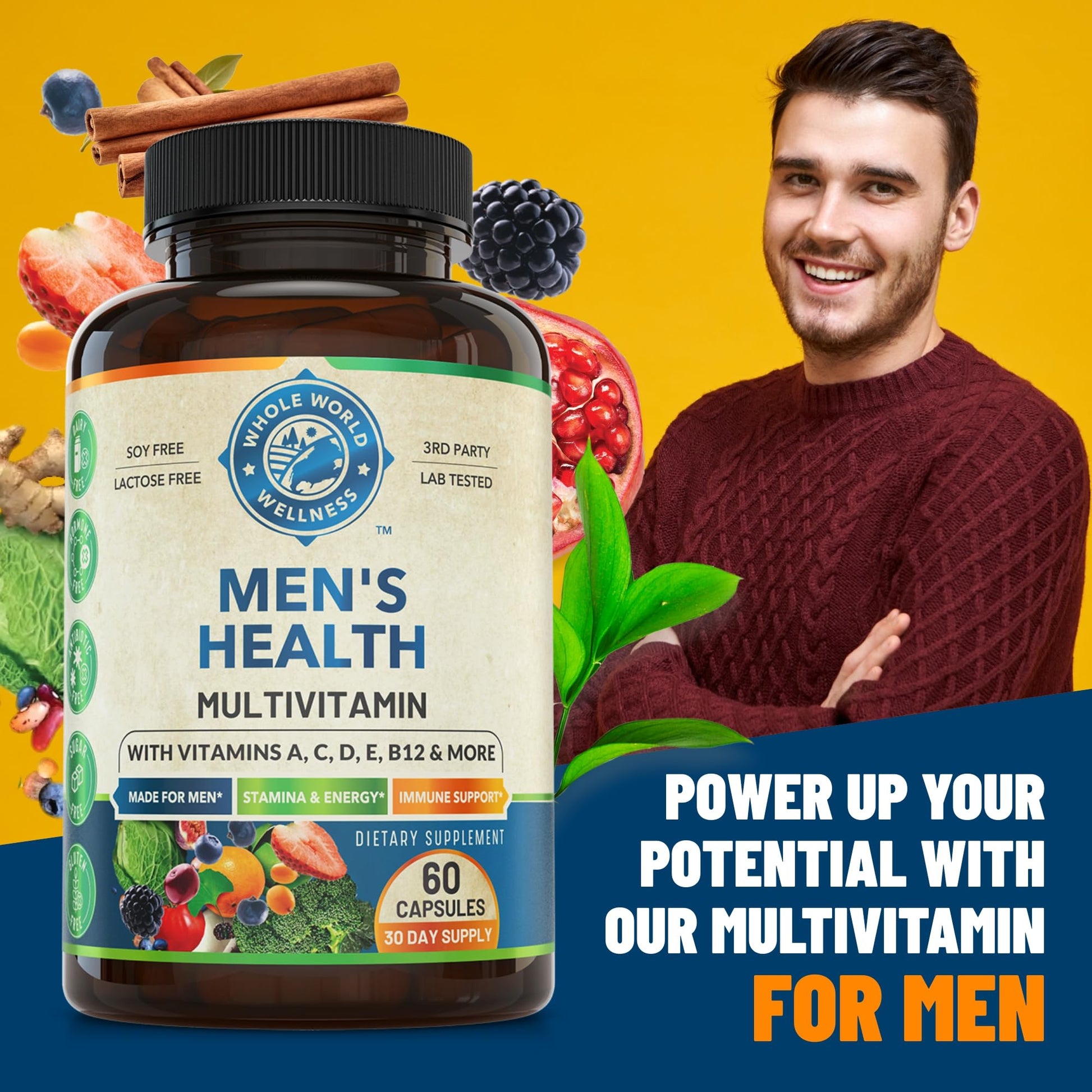 Whole World Wellness Mens Daily Multivitamin Multimineral Supplement for Energy, Focus, Stamina & Performance. Made for Men with 30+ Nutrients, Fruit & Energy Blend. Mens Vitamins, Made in The USA. WHOLE WORLD WELLNESS uk supplements