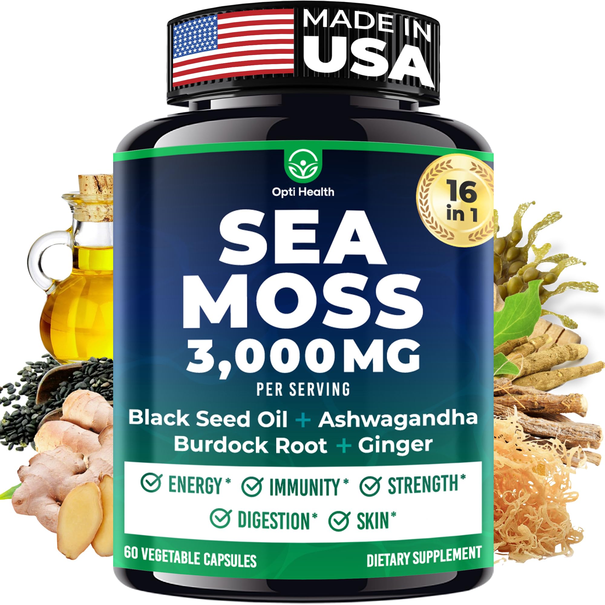 Sea Moss Black Seed Oil Ashwagandha Ginger - Advanced Irish Sea Moss Capsules All in One Supplement with Seamoss Black Seed Oil Ashwagandha Burdock Root Bladderwrack - Pills for Energy, Immune, Gut Opti Health uk supplements