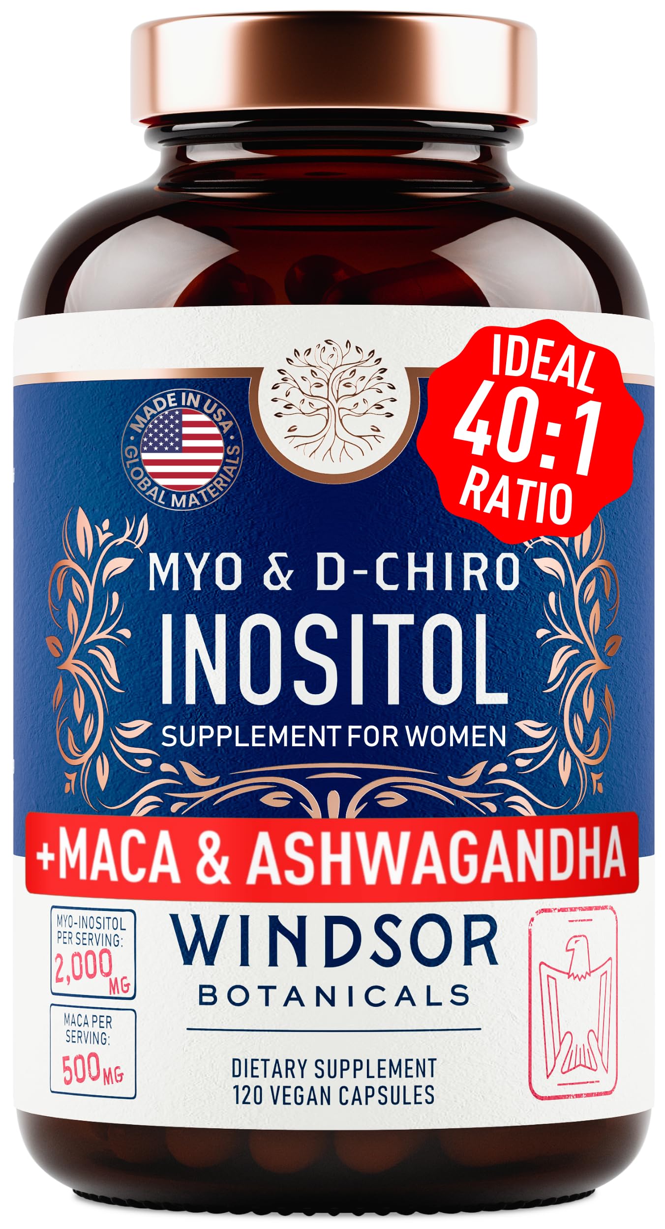Myo-Inositol & D-Chiro Inositol 40:1 Ratio 2,000 mg - PCOS Supplements with Maca Root & Ashwagandha - Ovarian Health Support Vitamins - Hormone & Fertility Supplements for Women - 120 Vegan Caps WINDSOR BOTANICALS uk supplements