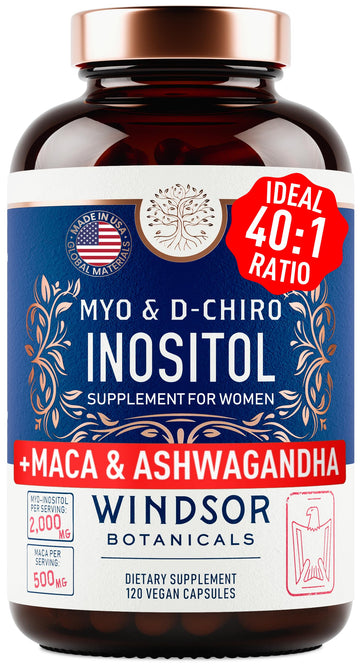 Myo-Inositol & D-Chiro Inositol 40:1 Ratio 2,000 mg - PCOS Supplements with Maca Root & Ashwagandha - Ovarian Health Support Vitamins - Hormone & Fertility Supplements for Women - 120 Vegan Caps WINDSOR BOTANICALS uk supplements