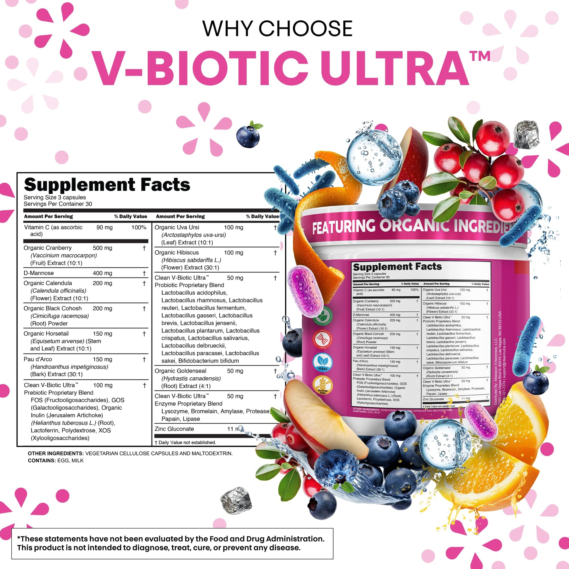 Clean Nutra Vaginal Probiotics for Women + Prebiotics Digestive Enzymes Bromelain Cranberry D Mannose Horsetail Black Cohosh Artichoke Hibiscus Flowers Probiotic for Digestive Health 90 Vegan Capsules Clean Nutraceuticals uk supplements