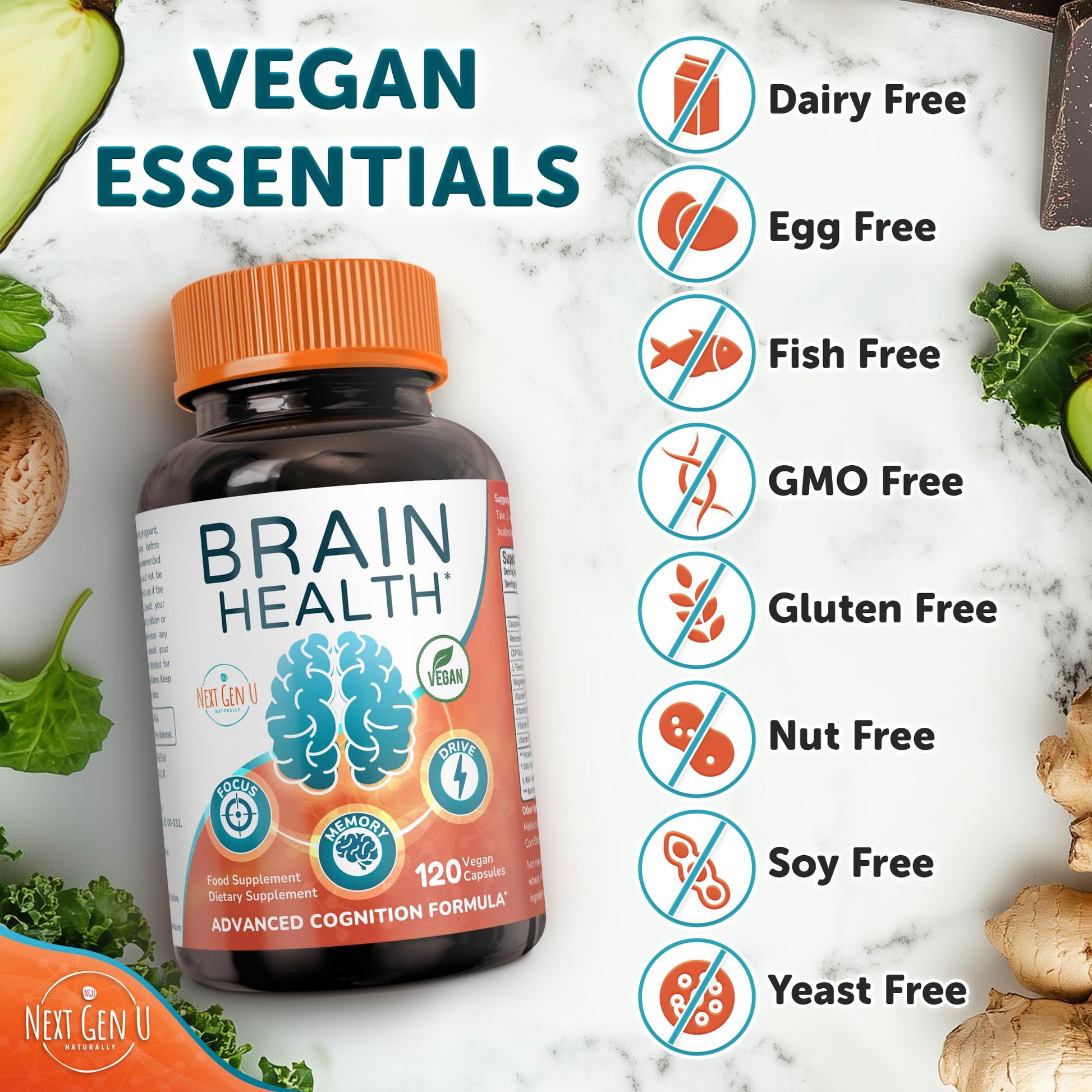 Brain Supplement - 120 Vegan Capsules - Dietary Nootropic May Help Memory, Cognitive Function & Focus - Formulation with Amino Acids, Polyphenols & B Vitamins - for Women, Men & Seniors - by NextGenU NGU Next Gen U uk supplements