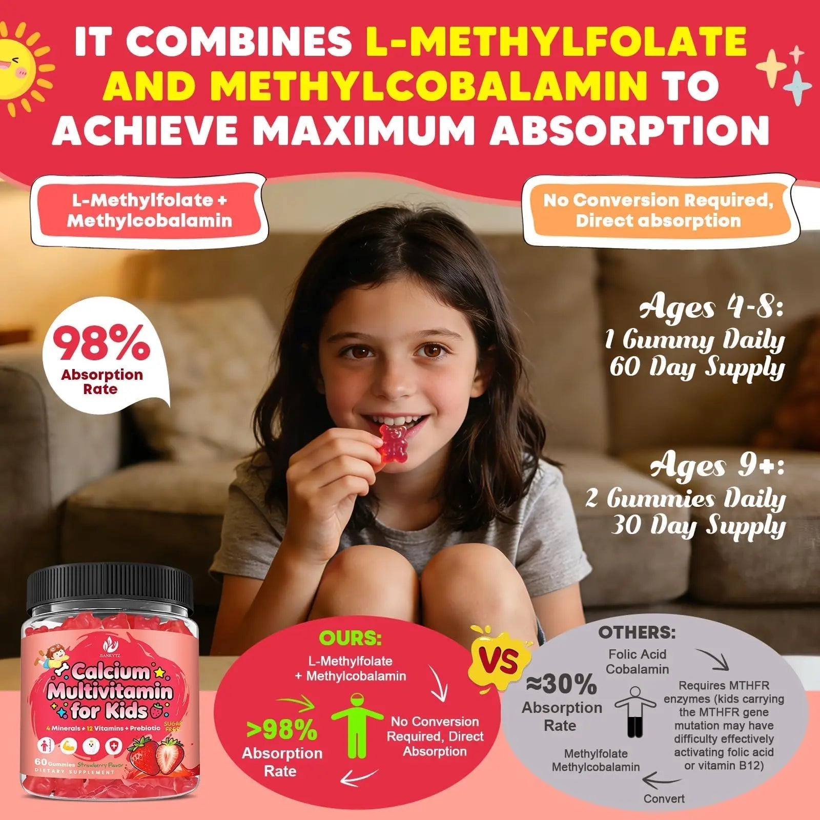Sugar Free Calcium Multivitamin Gummies for Kids - Nutritional, Immune, Bone Support, Whole Multivitamin, with Vitamins A, C, D, B1, B2, B6, Folate JIANKYTZ uk supplements