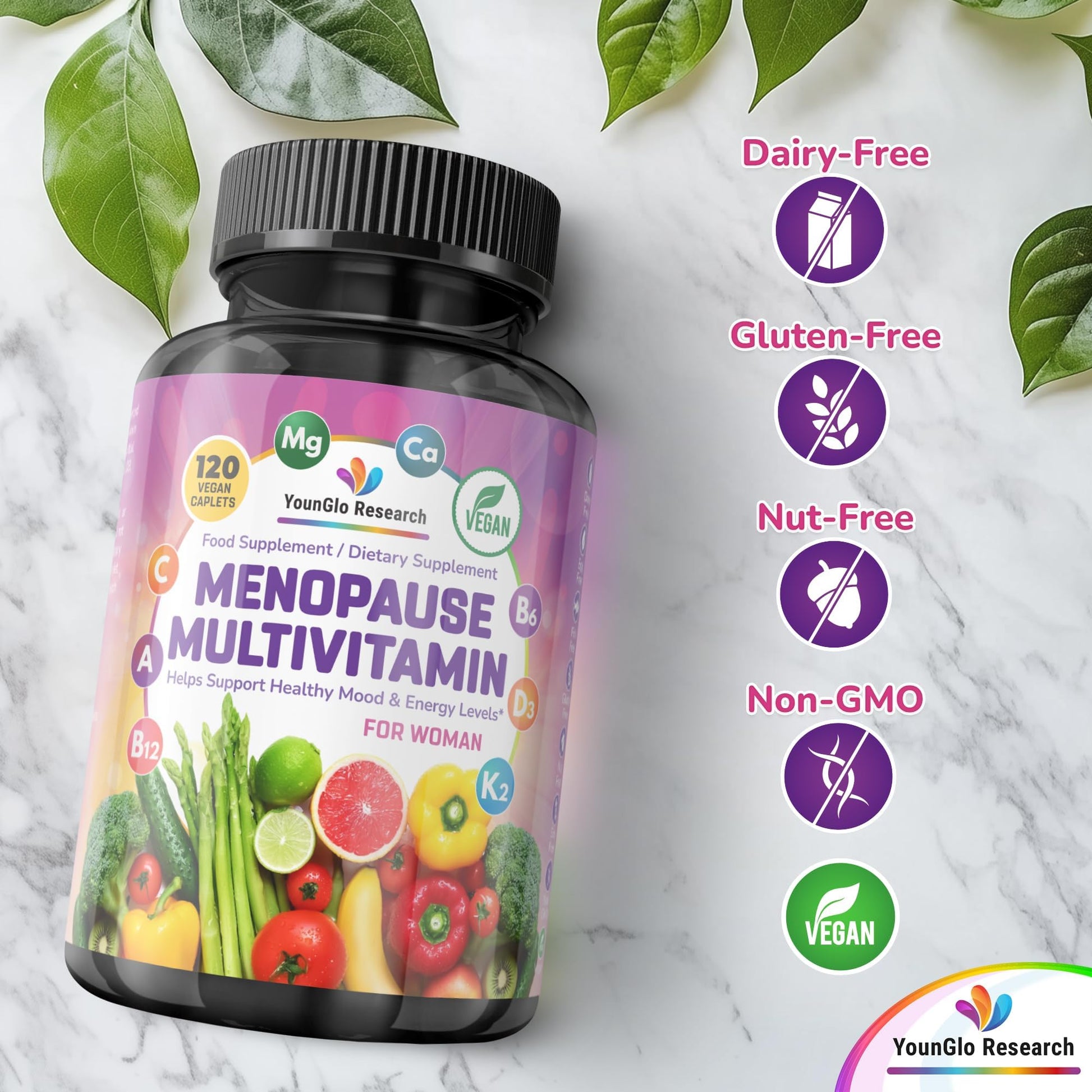 YounGlo Research Menopause Supplement - 120 Vegan Caplets - Menopause & Perimenopause Relief Support - Food and Dietary Vitamins - Multivitamin for Women YounGlo Research uk supplements