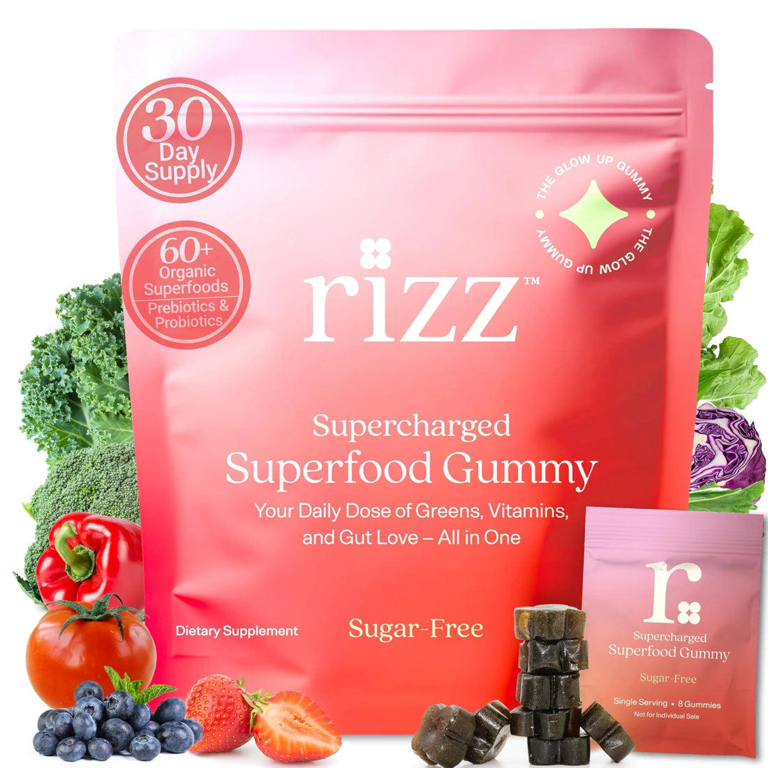 Rizz Sugar-Free Green Gummies - 60+ Superfoods 6g Fiber - Prebiotic and Probiotic Gummies - Vegan Multivitamins for Women & Men Rizz uk supplements
