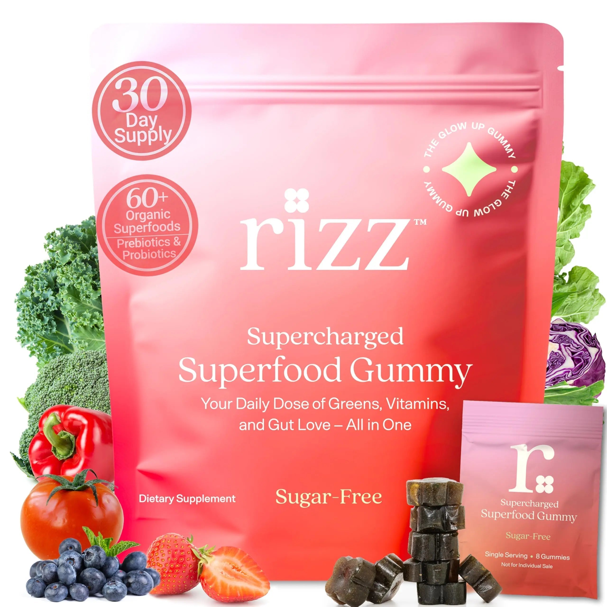 Rizz Sugar-Free Green Gummies - 60+ Superfoods 6g Fiber - Prebiotic and Probiotic Gummies - Vegan Multivitamins for Women & Men Rizz uk supplements