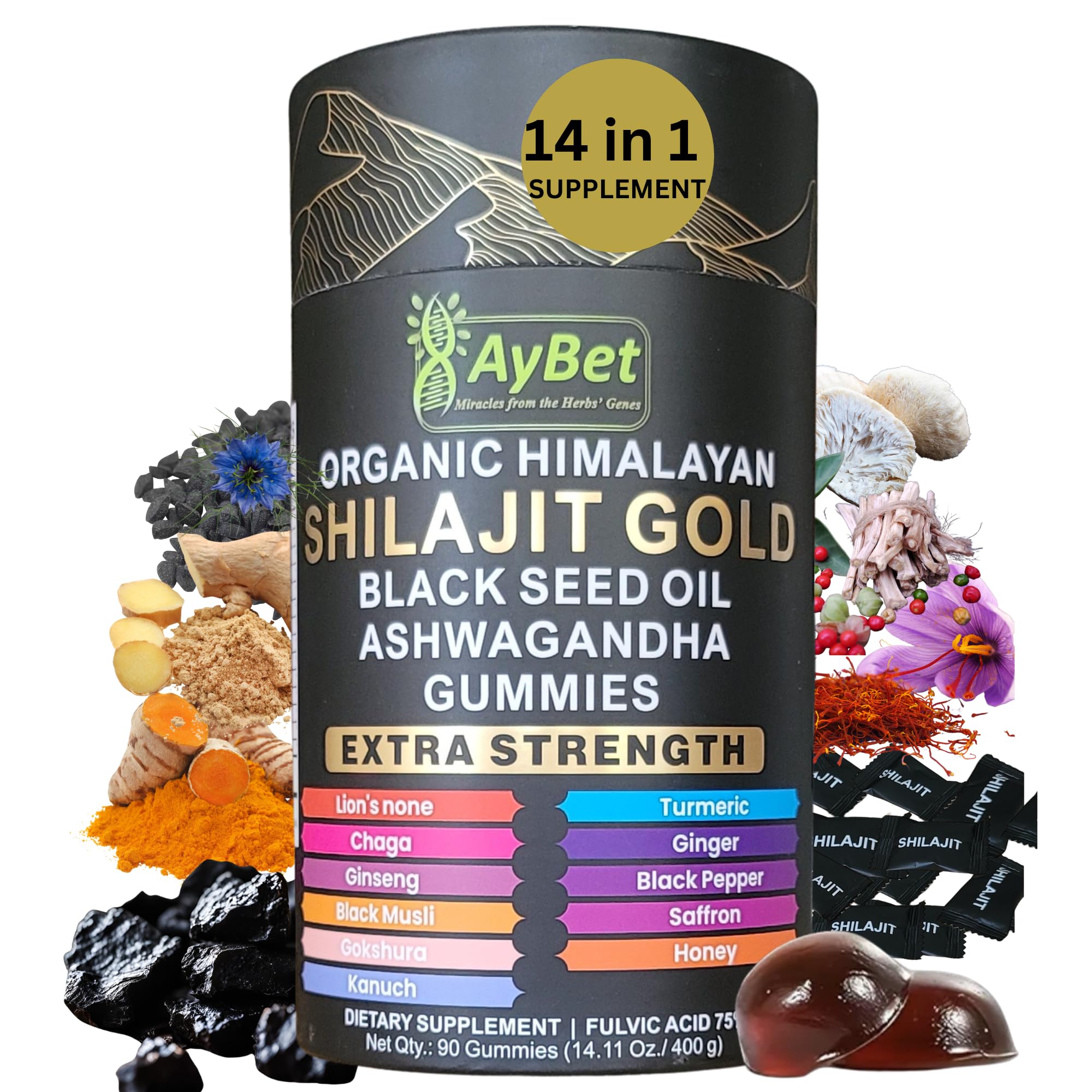 AyBet Organic Himalayan Shilajit Gold Gummies for Men and Women, Black Seed Oil, Ashwagandha, Ginseng, Turmeric, Gokshura, Lion's None, Lab Tested,%75 Fulvic Acid, No Sugar Added, Halal, 90Gummy AyBet uk supplements