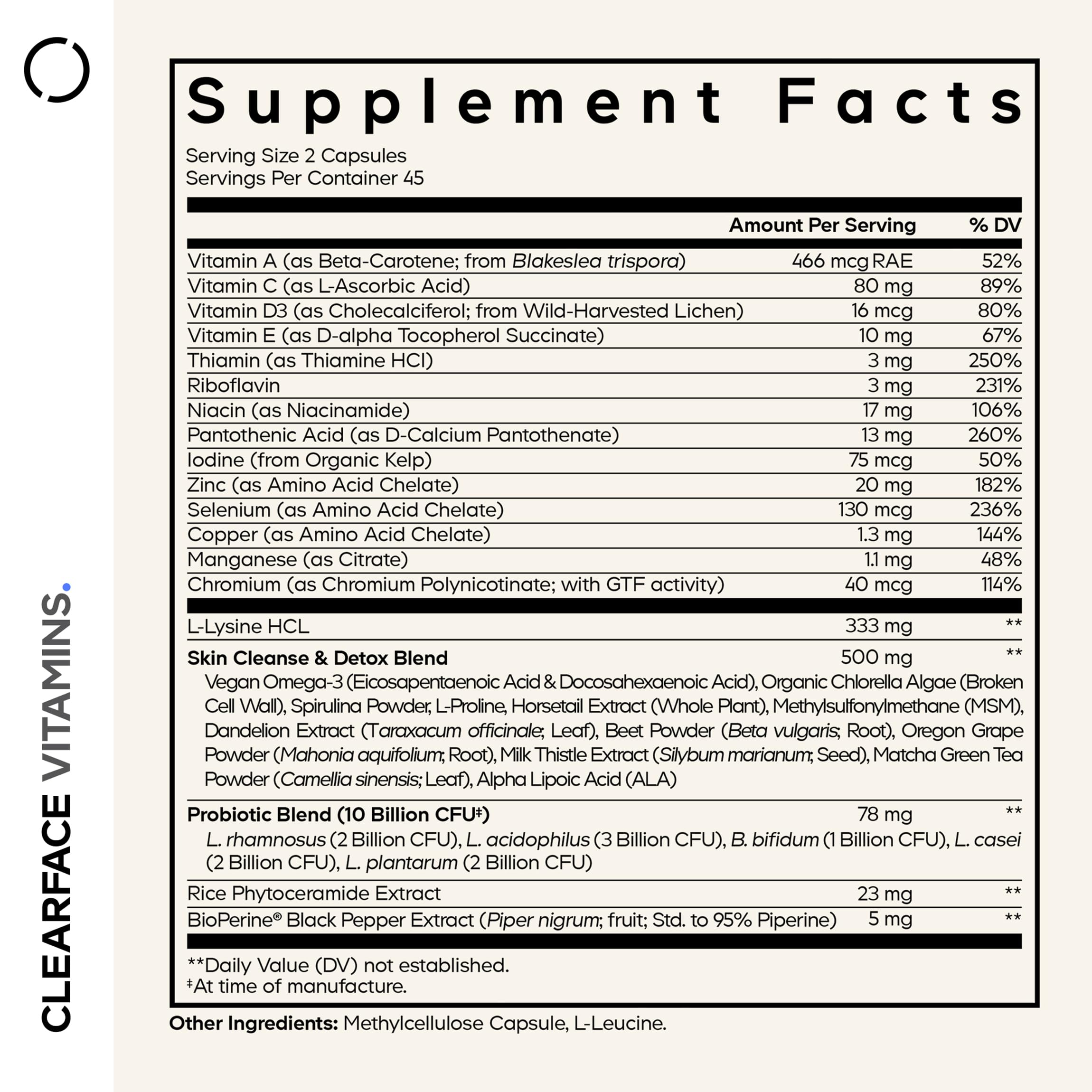 Codeage Clearface Pantothenic Acid, Niacin Supplement, Vitamins A, C, D3, E, Probiotics, Zinc, Riboflavin, Thiamin, L-Lysine HCL & Omega-3, Niacinamide, Skin Botanical Blend - Non-GMO - 90 Capsules Codeage uk supplements