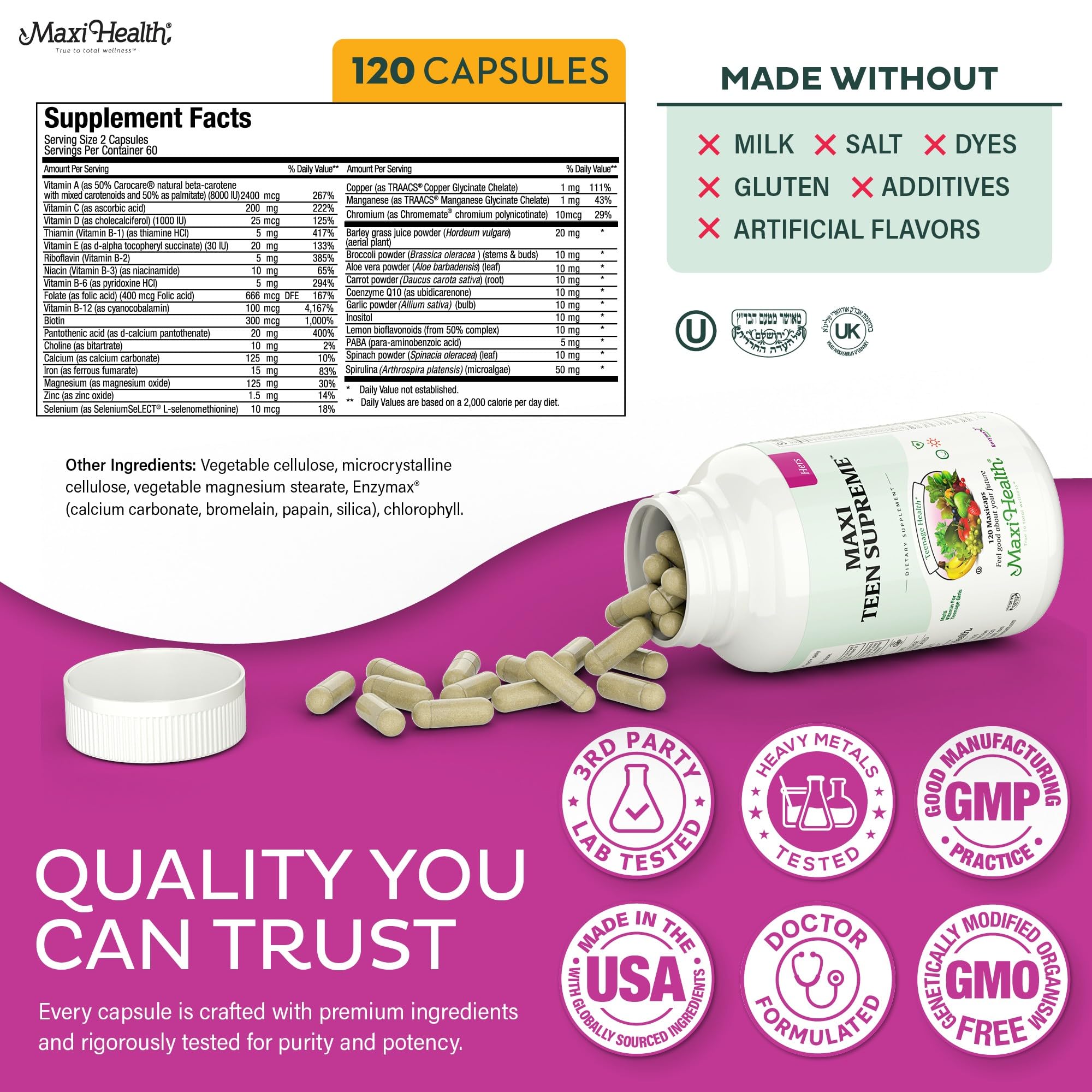 Teen Vitamins for Girls 12-17 - Teen Multivitamin D3, Iron, Calcium, Biotin, Zinc, Digestive Enzymes – Teenager Girl Multi Vitamins Maxi Health uk supplements