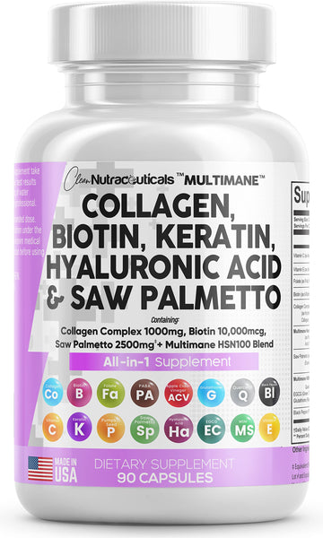 Collagen Pills 1000mg Biotin 10000mcg Keratin Saw Palmetto 2500mg 90 Ct Clean Nutraceuticals uk supplements