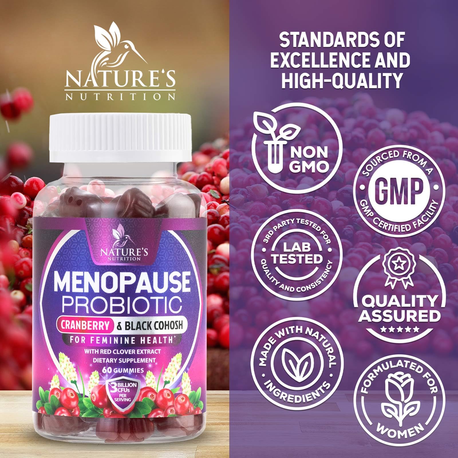 Menopause Supplement Gummies - 3 Billion CFU Women's Probiotics - Advanced Menopause Relief Formula for Women with Black Cohosh & Red Clover - Mild Hot Flashes & Night Sweats Support - 60 Gummies Nature's Nutrition uk supplements